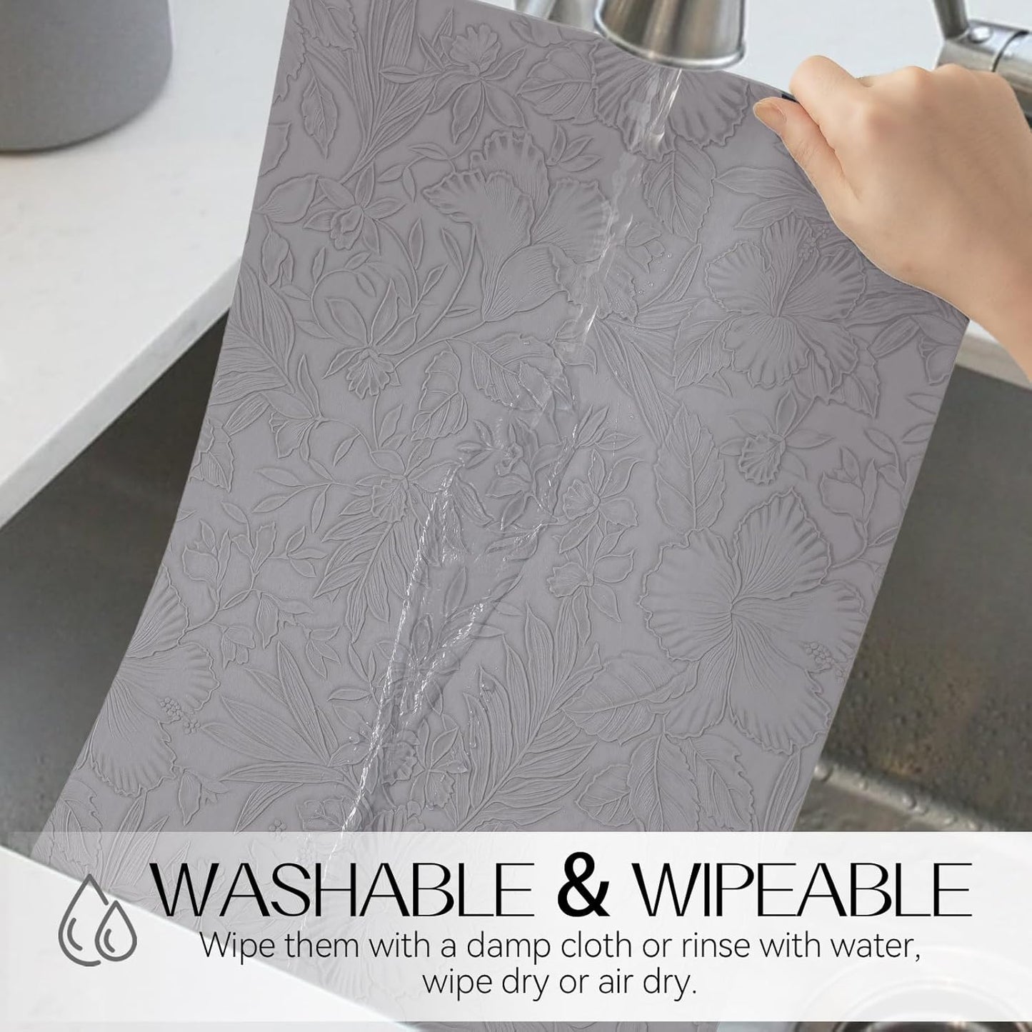 Romanstile Vinyl Placemats Set of 8-12 X 18 Inch - Heat Resistant Non-Slip Embossed Floral Place Mats 100% Waterproof Oilproof Wipeable Faux Leather Table Mats for Kitchen/Dining/Party, Grey