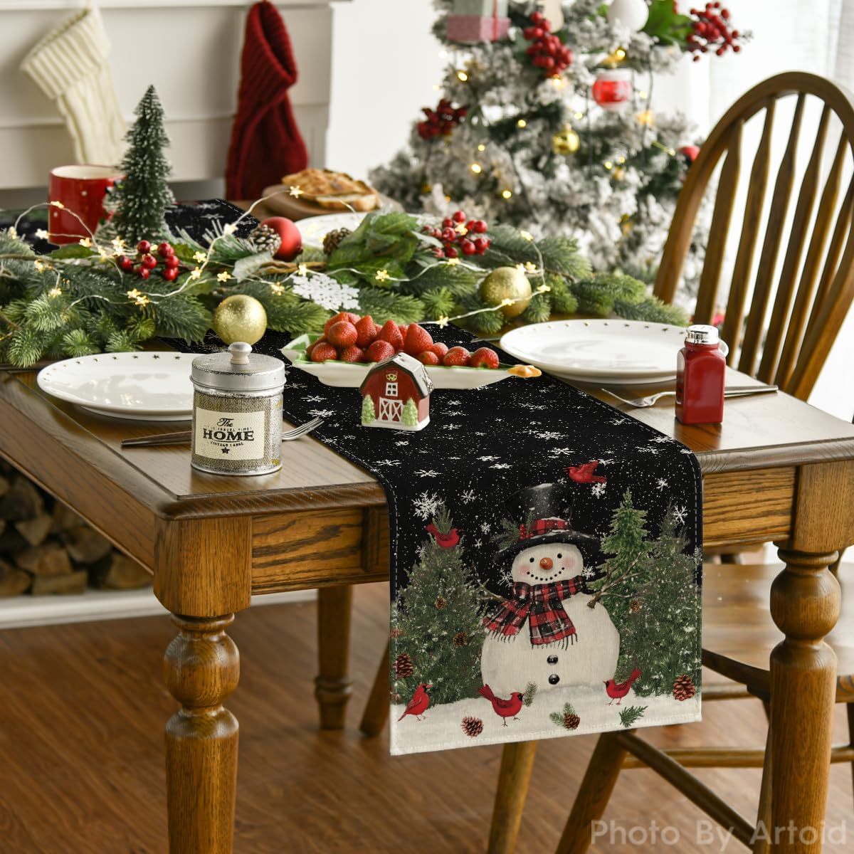 Artoid Mode Snowman Birds Trees Christmas Table Runner, Seasonal Black Winter Holiday Kitchen Dining Table Decoration for Home Party Decor 13 x 60 Inch
