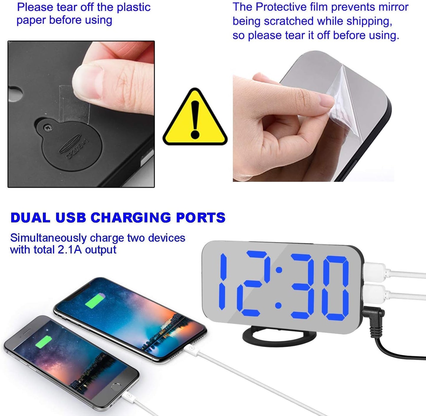 Digital Alarm Clock,Mirror Surface LED Electronic Clocks,with USB Charger,Snooze Model, Auto/Custom Brightness,for Office Table Bedroom Nightstand(Black-Blue)