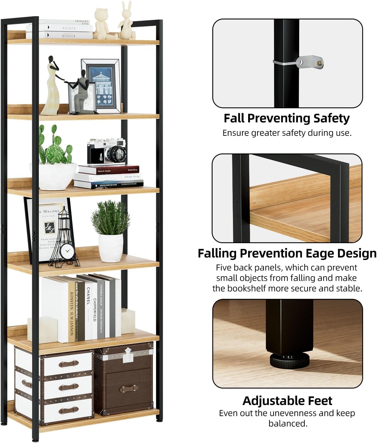 NUMENN Bookshelf, 6 Tier Bookshelves, Home Office Bookcase Shelf Storage Organizer, Free Standing Storage Shelving Unit for Bedroom, Living Room and Home Office, Natural