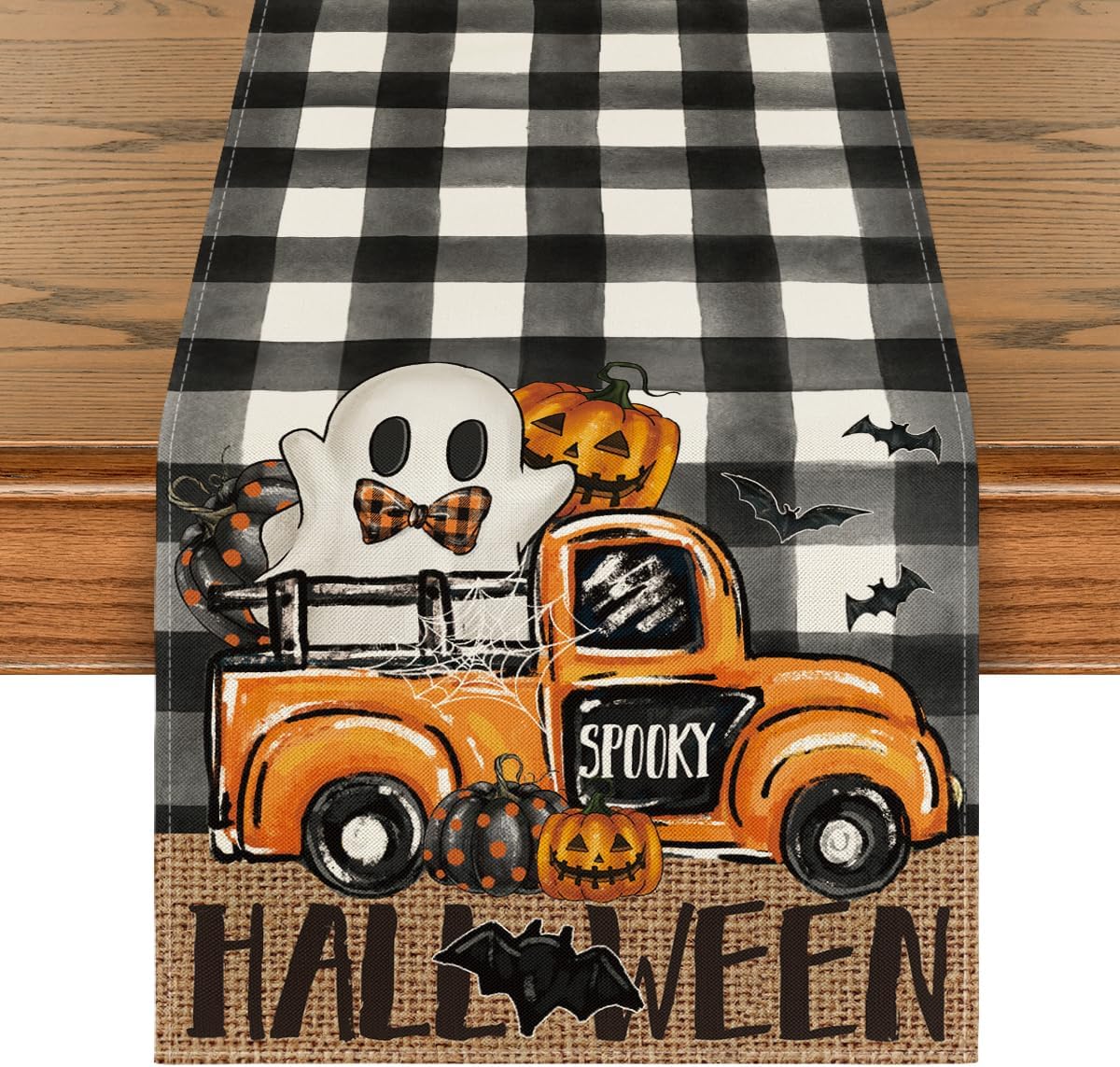 Artoid Mode Buffalo Plaid Bat Pumpkin Ghost Truck Spooky Halloween Table Runner, Sensonal Kitchen Dining Table Decor for Home Party 13 x 72 Inch