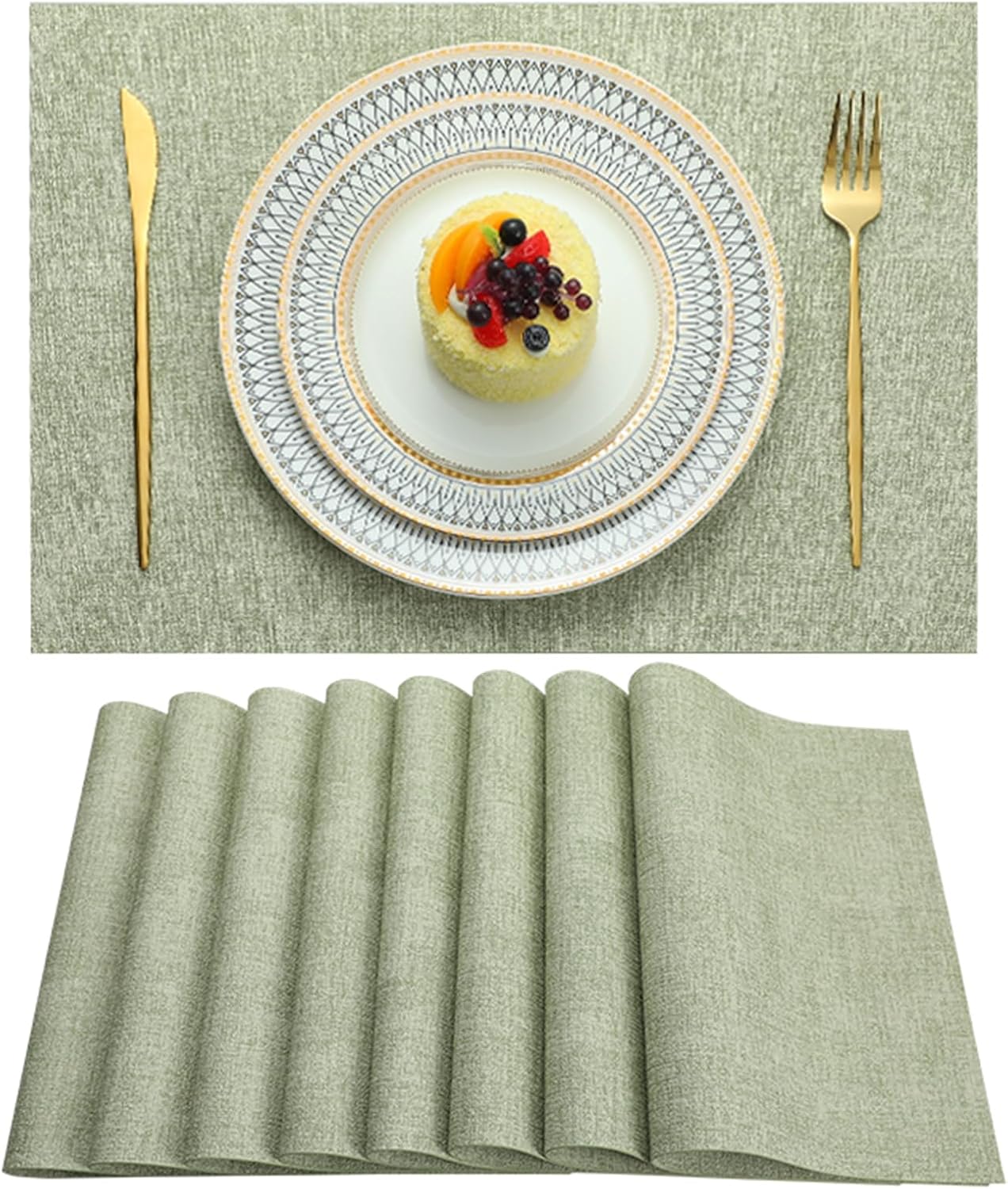 Placemats Set of 8 Washable Heat Resistant Place Mats PVC Woven Dining Table Mat Green 8pcs