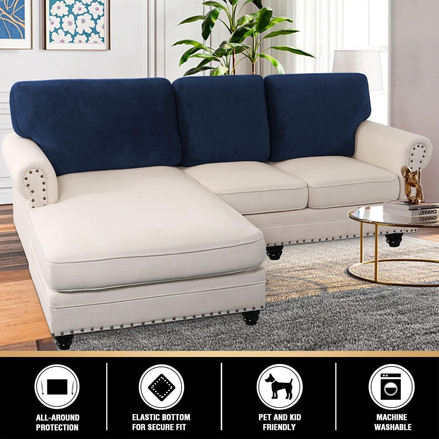 PrinceDeco Sectional Couch Covers Velvet Cushion Covers for Sectional Couch Cushion Covers for Sectional Sofa Separate Sectional Sofa Slipcovers Washable(1 Chaise Back+ 2 Sofa Back,Navy)