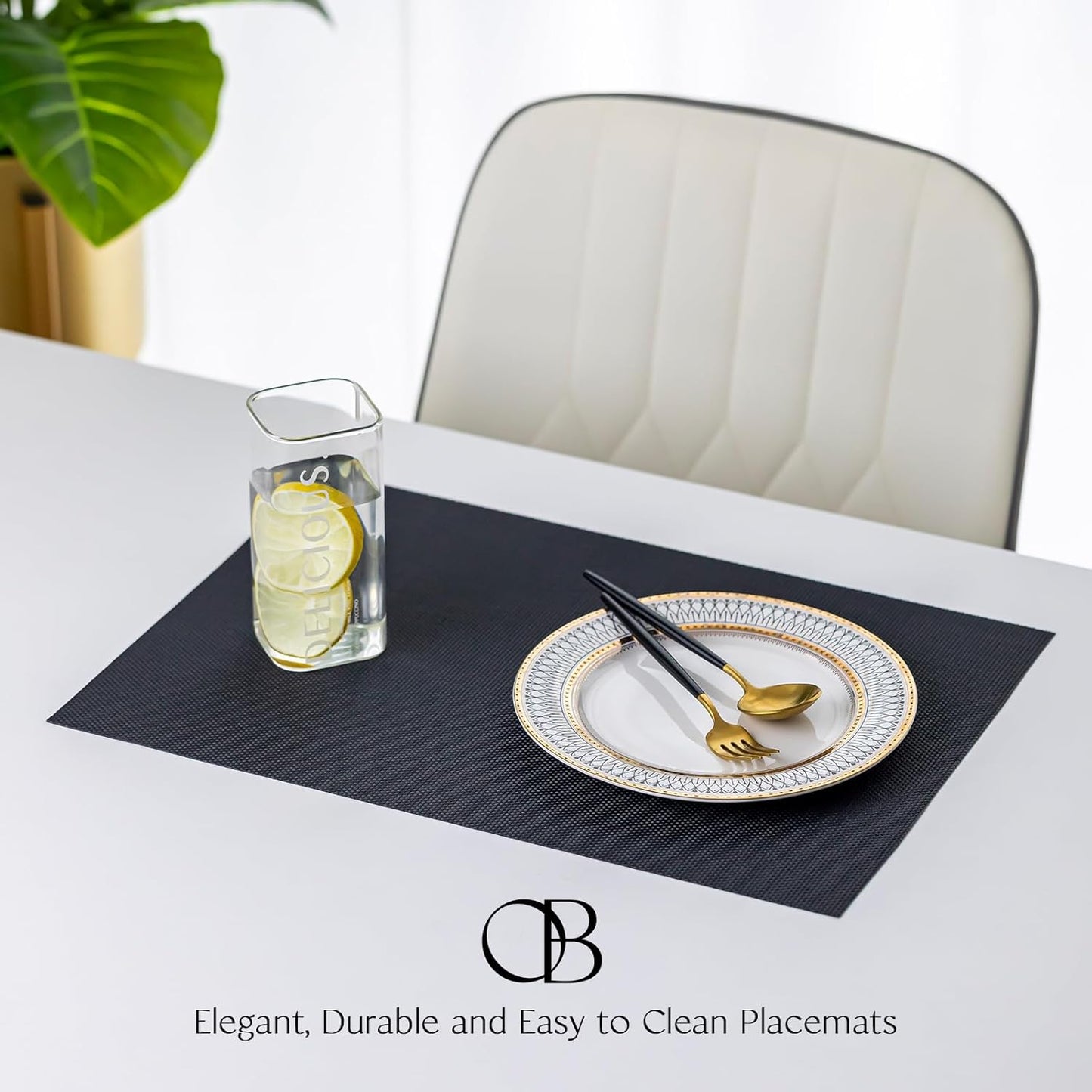 Placemats Set of 8 - Easy Clean Woven Vinyl Placemats for Dining Table, Indoor/Outdoor Place Mats, Washable PVC Table Mats（Black）
