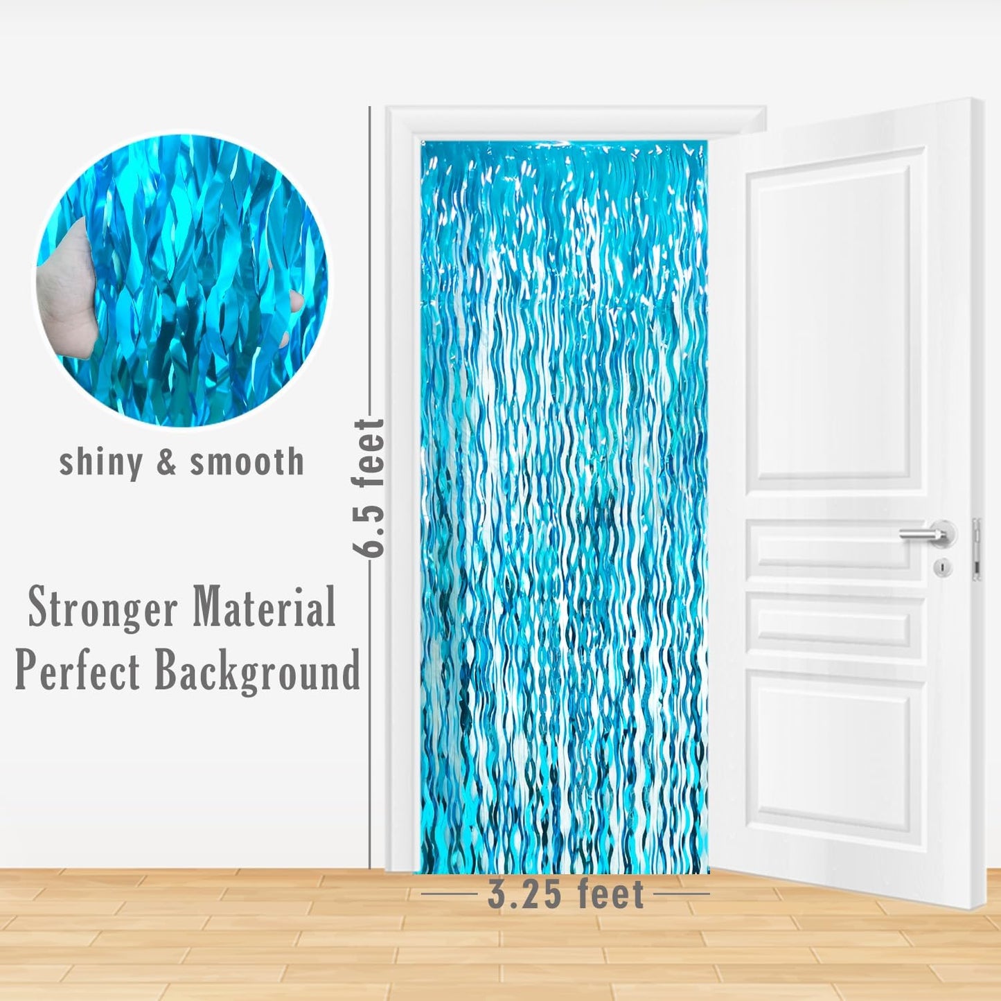 GOER 6.4 ft x 6.5 ft Metallic Tinsel Foil Fringe Curtains,Pack of 2 Party Streamer Backdrop for Birthday,Graduation Decorations and New Year Eve (Wavy Light Blue)
