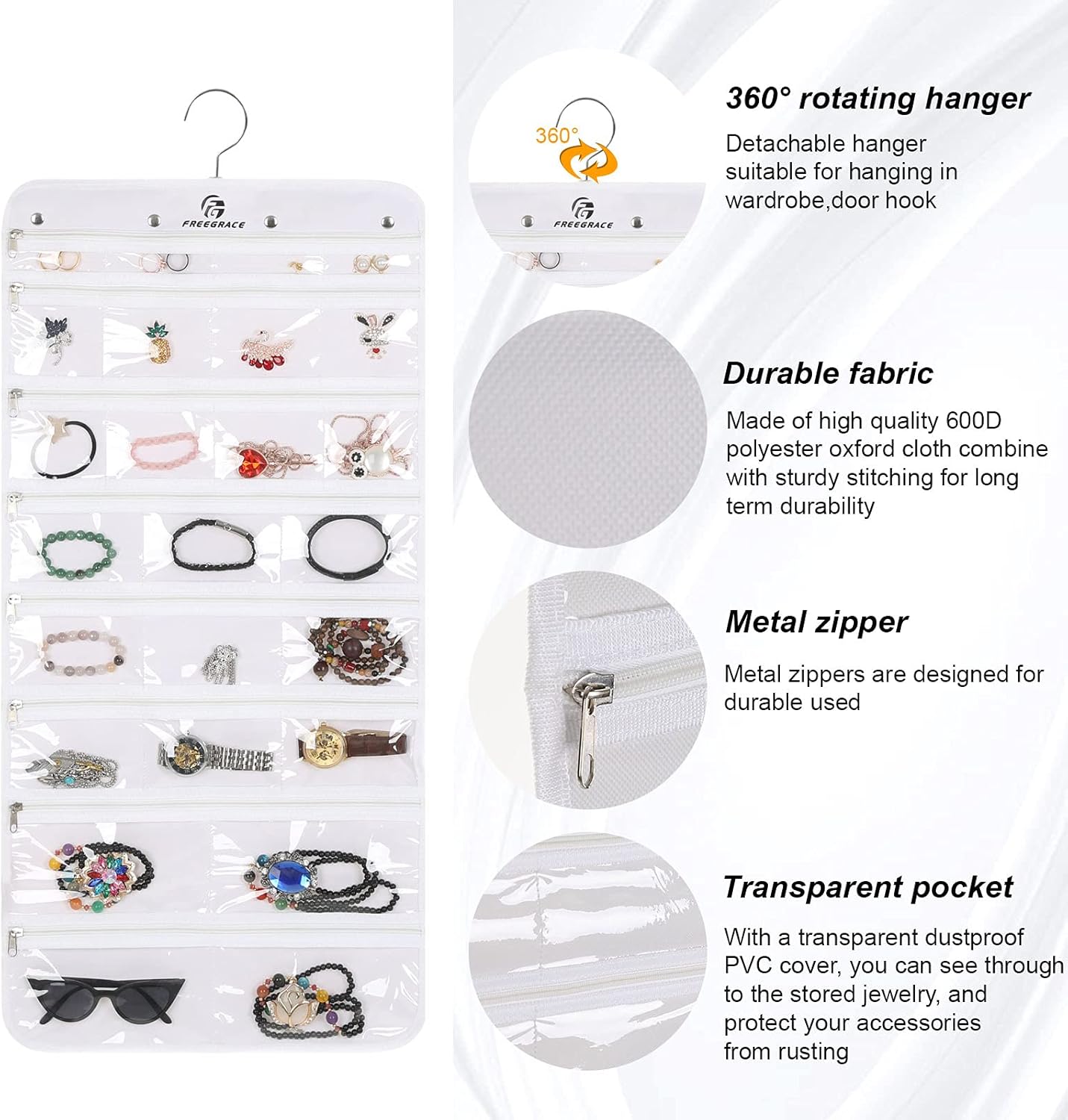 Freegrace Hanging Jewelry Organizer Revolving Hanger - Secure Zipper Closure - 25 Pockets,23 Hooks - Foldable Storage & Display Solution - For All Jewelry & Bijoux (White)
