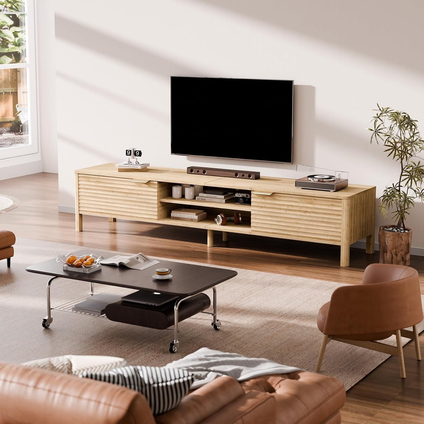 TV Stand for Living Room - up to 80 Inch TVs Mid Century Modern Entertainment Center with Storage and Adjustable Shelves, Media Console Table Oak 70"