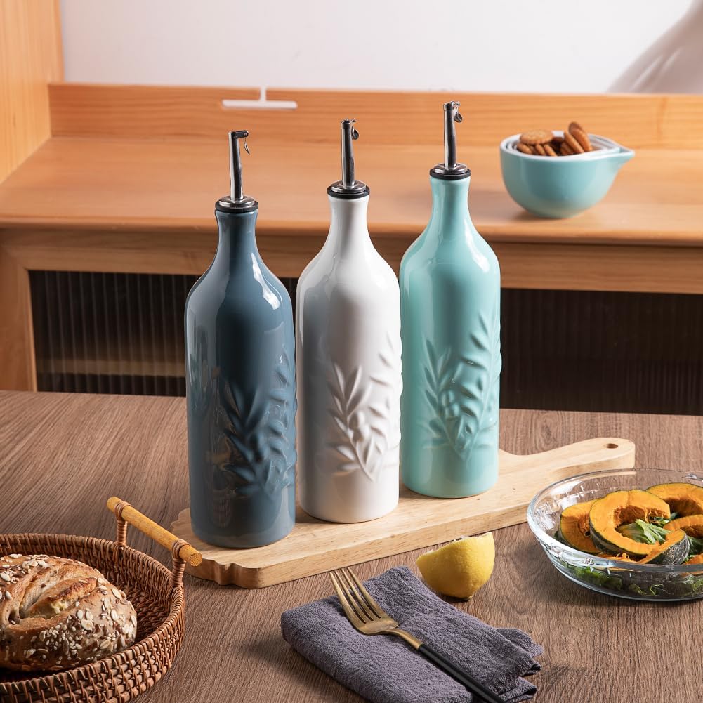 Sweejar Large Ceramic Olive Oil Dispenser Bottle, 24 Oz Relief Opaque Oil Cruet Protects Oil To Reduce Oxidation, Storage Vinegar, Soy Sauce, Coffee Syrup, Liquids, Set of 1 (Fog blue)