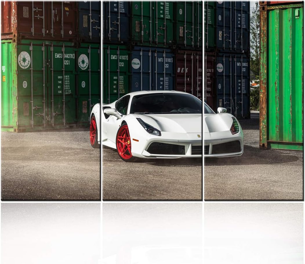 TUMOVO Classic Car Canvas Wall Art Framed White Ferrari Boys Fast Car Cool Sports Poster 3 Pieces 3D Diamond Print Painting with Frame and Stretched Ready to Hang - 28 x 14inch x 3 Panels