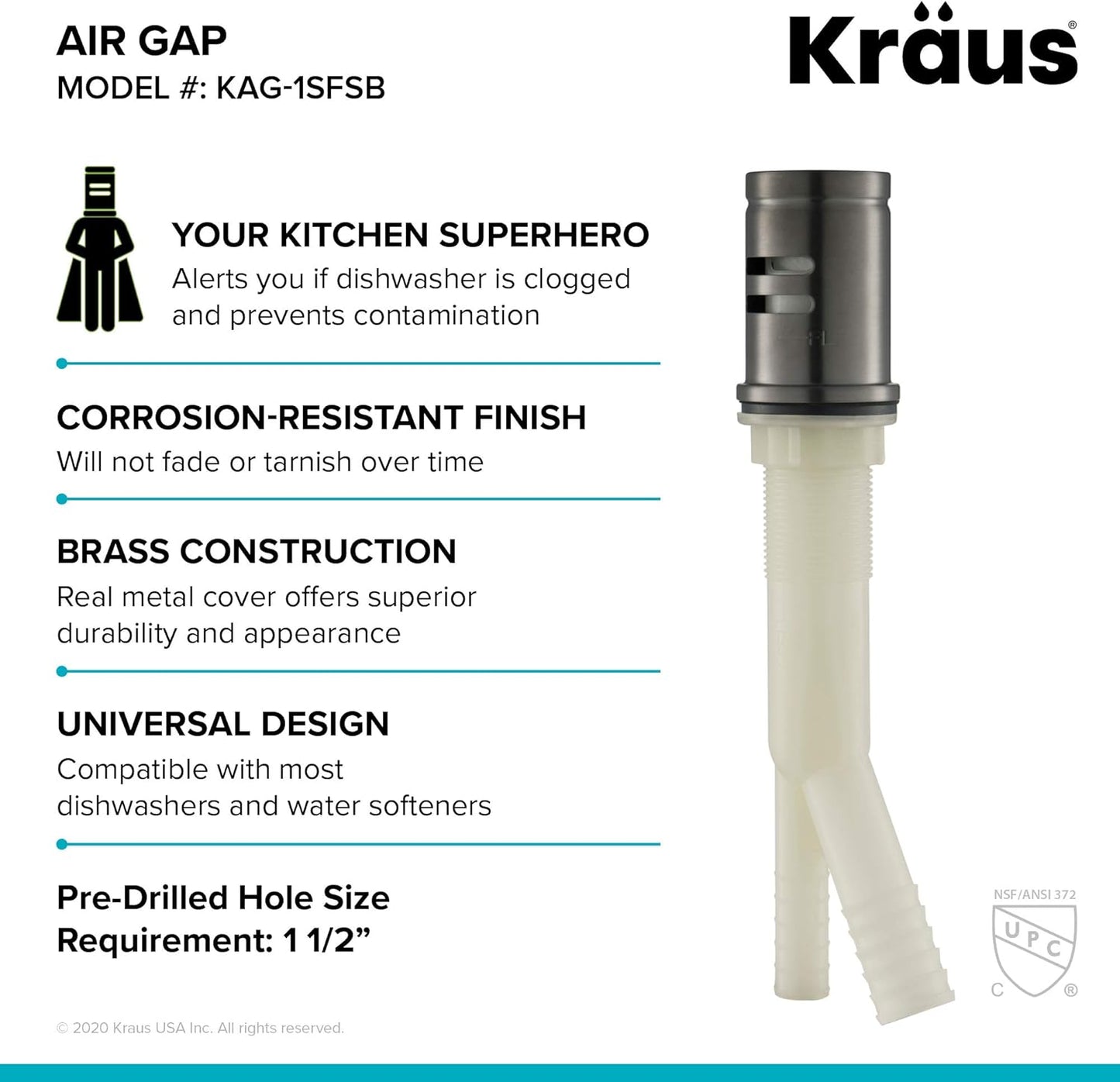 KRAUS Dishwasher Air Gap in Spot Free Black Stainless, KAG-2SFSB