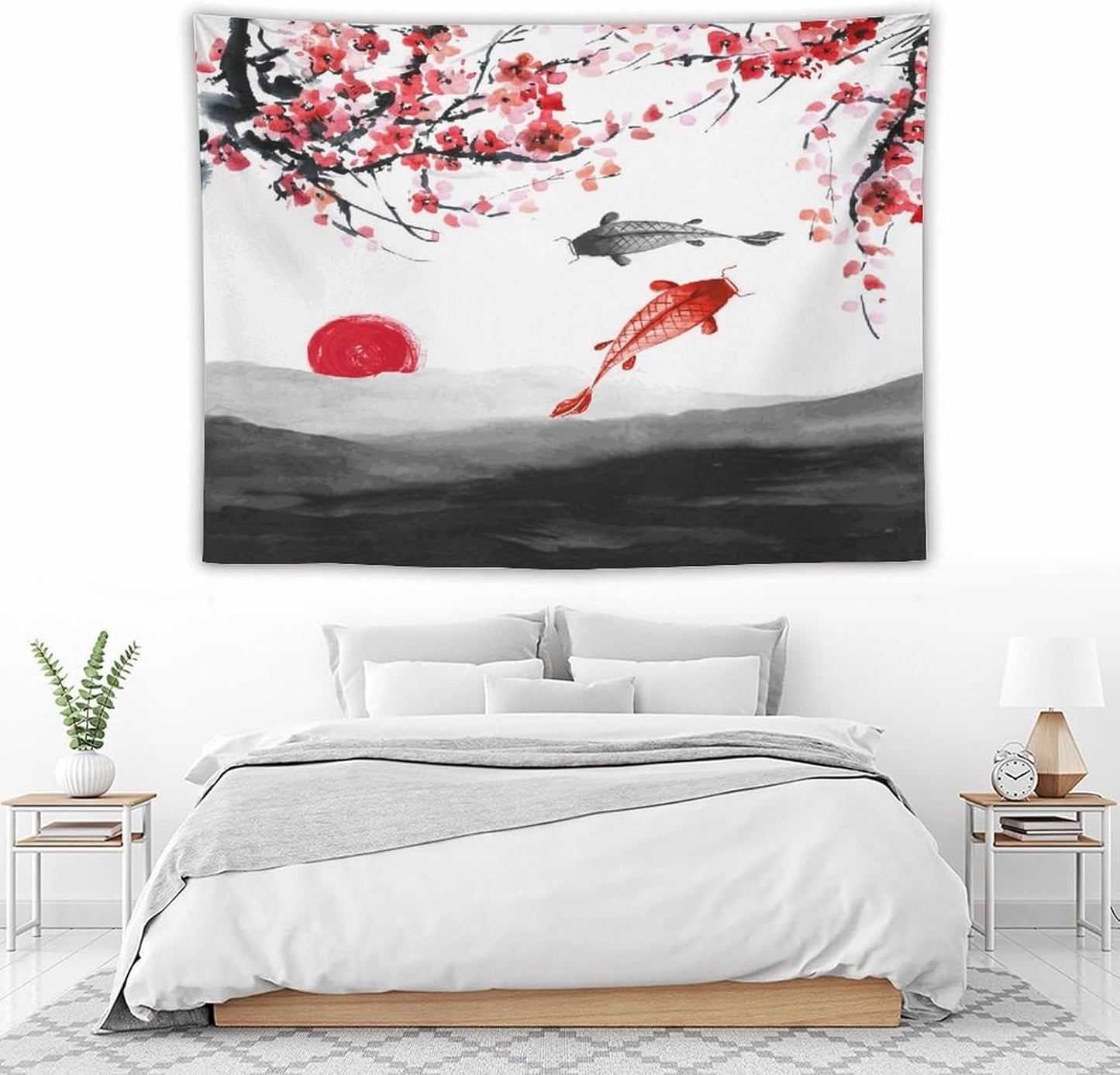 Houselerax Japanese Koi Fish Tapestries, Cherry Blossoms Asian Oriental Flower Branch Koi Fish Carp Tapestry Wall Hanging for Bedroom Living Room Office Decor 80"x60"