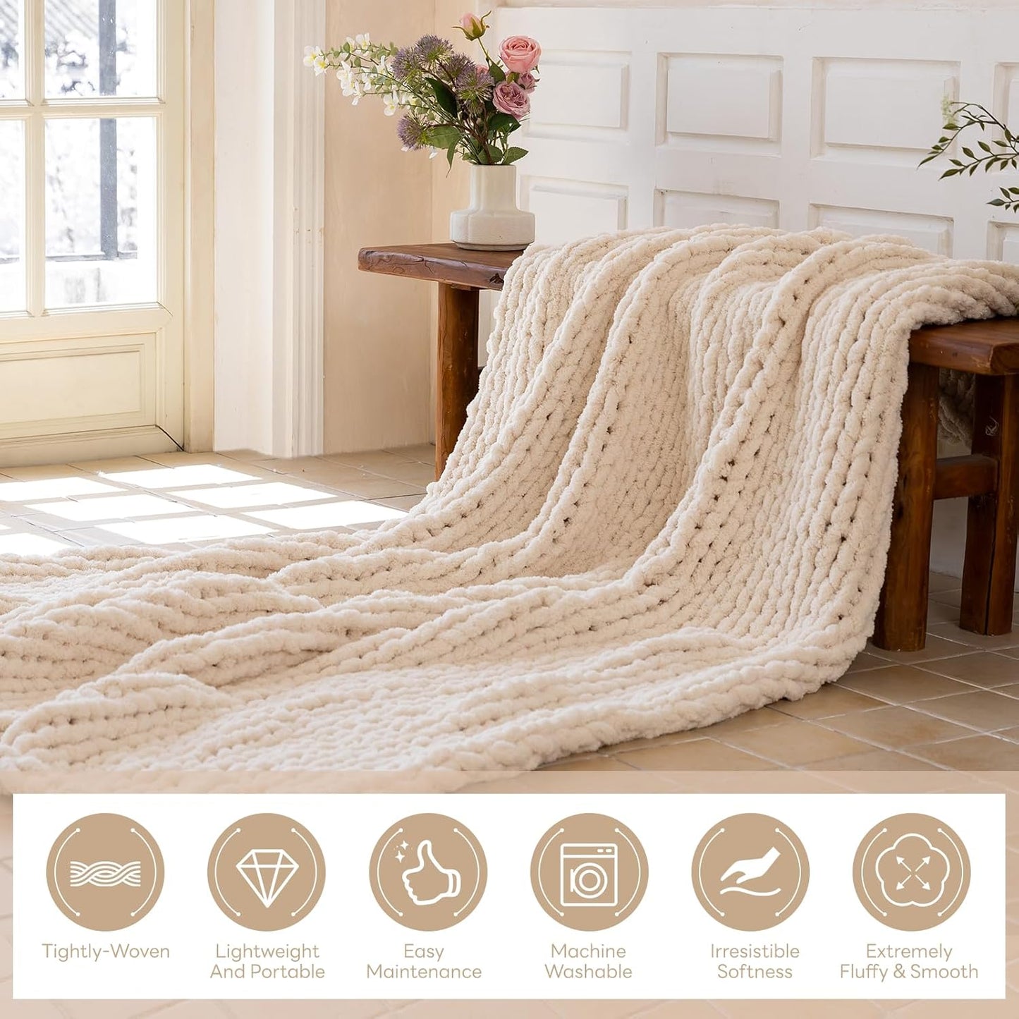 Chunky Knit Blanket - Luxury Soft Cozy50 * 60 Throw Blanket,100% Woven Blanket Rope Knot Throw Blanket for Couch, Sofa, Home Decor, Gift - Machine Washable（Cream）