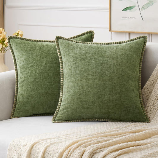 MIULEE Pack of 2 Fall Couch Throw Pillow Covers 18x18 Inch Sage Green Farmhouse Decorative Pillow Covers with Stitched Edge Soft Chenille Solid Dyed Spring Pillow Covers for Sofa Bed Living Room