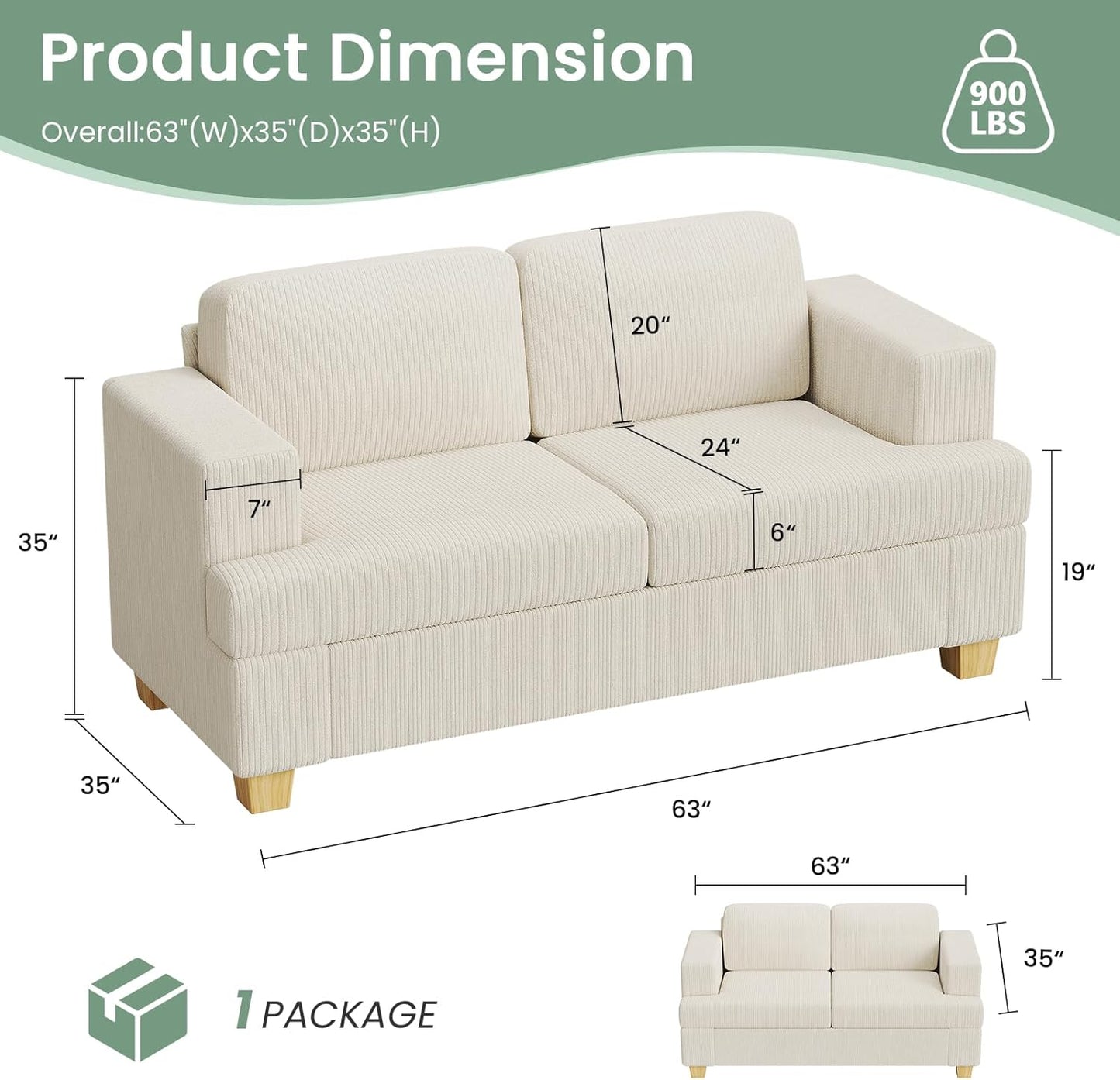 63" Corduroy Sofa Couch Loveseat for Living Room, Small Seep Seat Loveseat Sofa for Bedroom, Comfy Chenille Couch for Small Spaces, White Corduroy