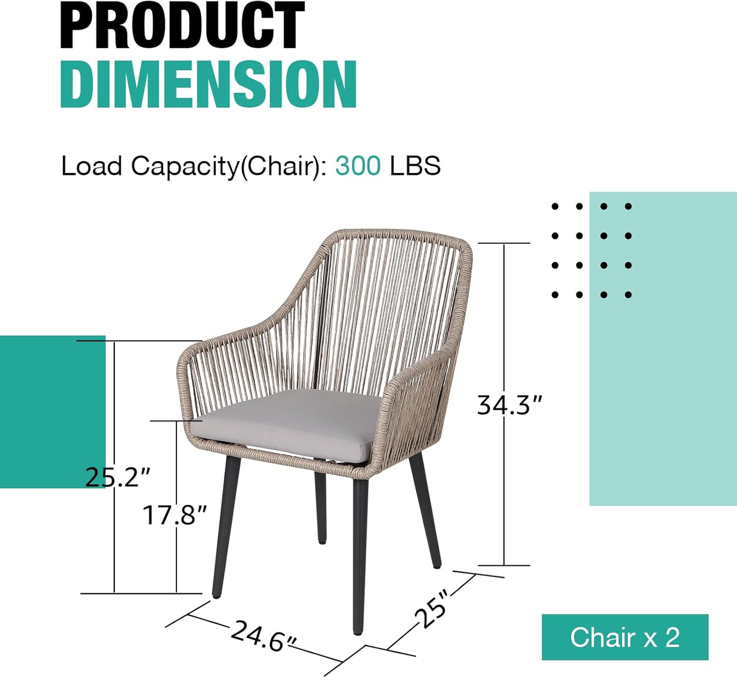 Patiorama Outdoor Dining Chairs, Patio Dining Chair Set of 2, All-Weather Woven Rope Rattan Chairs, Outdoor Dining Wicker Chairs with Armrests for Indoor Balcony Pool Backyard(Tan)