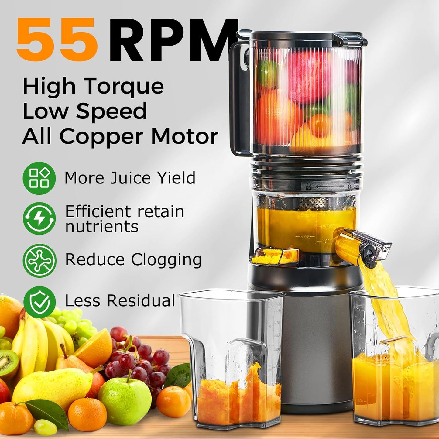 Cold Press Juicer,Slow Masticating Juicer Machines with 5.3" Large Feed Chute for Most Fruits and Vegetables,Easy to Clean Lemon Orange juicer with 250W Motor and High Juice Yield,Metal Gray