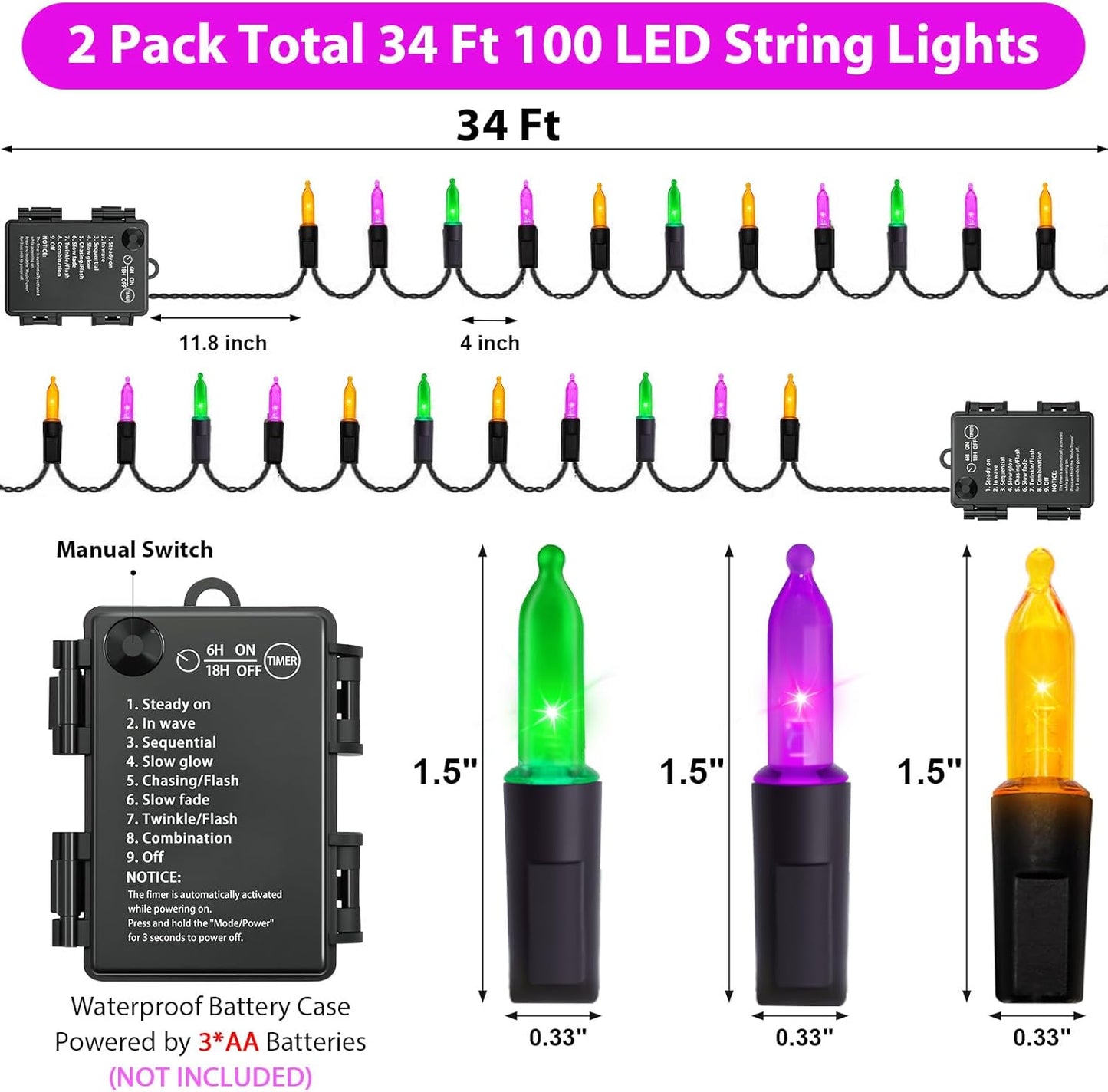 Halloween Orange Purple & Green Lights Decorations, 2 Pack 17FT 100LED Mini String Lights Battery Operated -Waterproof for Indoor Outdoor Patio Tree Holiday Fall Halloween Decor