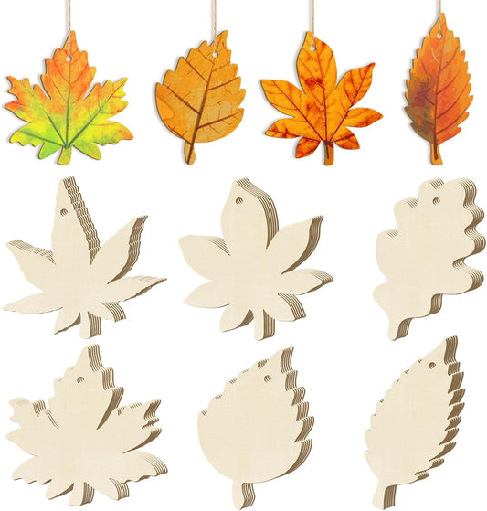 36PCS Wooden Fall Ornaments to Paint Thanksgiving Decorations, 6 Styles DIY Blank Autumn Unfinished Wood Maple Leaves Turkey Pumpkin Halloween Cutouts Ornament for Crafts Birthday Party Gifts Hanging