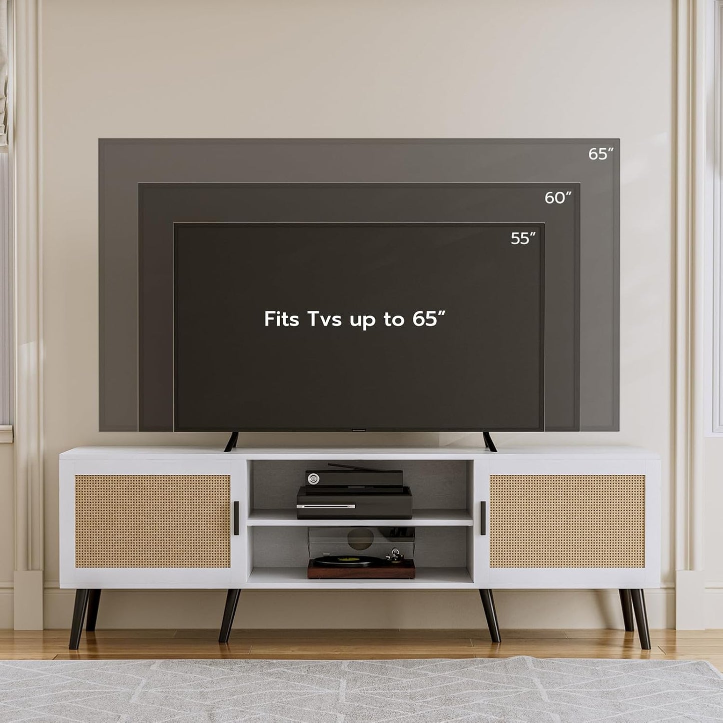 TV Stand for TVs up to 65'', Mid Century Modern Entertainment Center with Rattan Door, Shelves & 2 Cabinets, Boho Media TV Console for Living Room, Bedroom, White