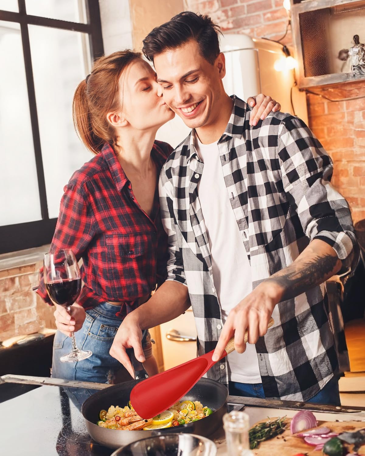 Cooking Spoon for Nonstick Cookwares, Great for Cooking and Serving Sturdy BPA-Free Matte Silicone, Wood Handle Spoon for Mixing, Scoop, and Scrape (Black & Red, 11.4 inch)