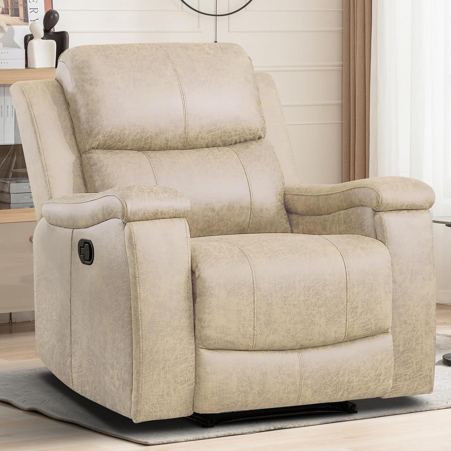 EBELLO Recliner Chair, Single Overstuffed Sofa Recliner, Breathable Faux Leather Manual Reclining Chairs with Hidden Cup Holder, Arm and Back for Adults, Living Room, Bedroom, Beige