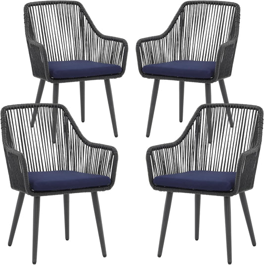 Patiorama Outdoor Dining Chairs, Patio Dining Chair Set of 4, All-Weather Woven Rope Rattan Chairs, Outdoor Dining Wicker Chair with Armrests for Indoor Balcony Pool Backyard(Blue)
