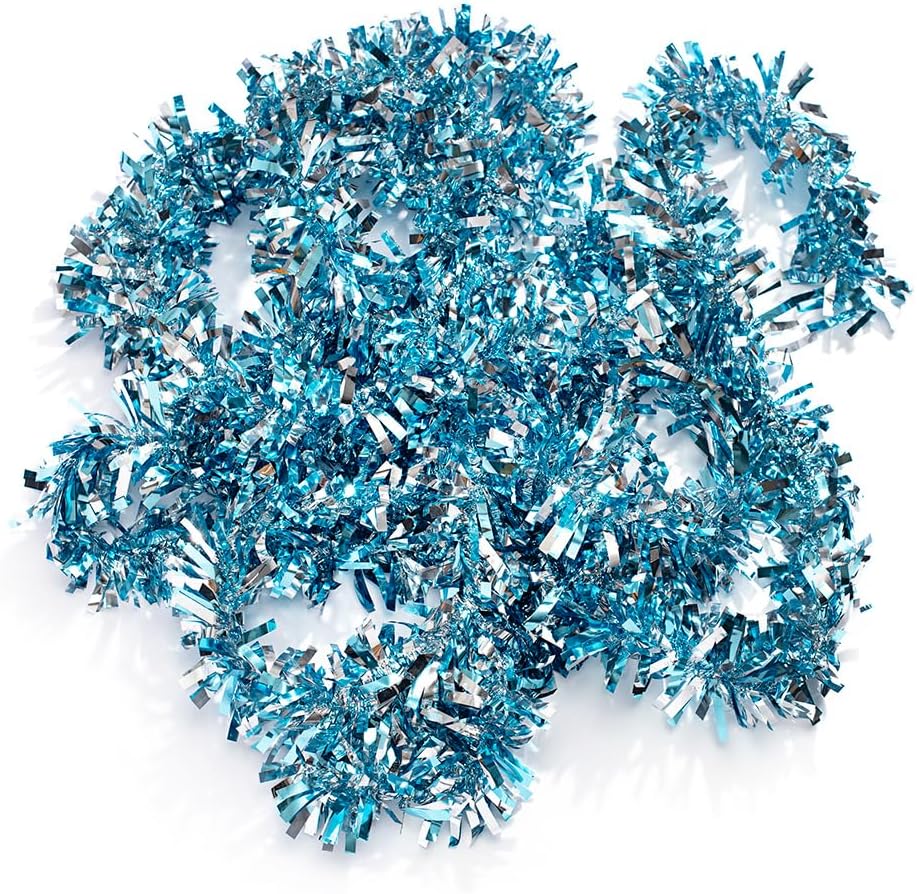 Anderson's Light Blue & Silver Sparkle Glitter Metallic Tinsel Twist for Trailer Or Golf Cart, 4 inches Wide x 25 ft Long, Christmas, Patriotic and Holiday Garland Decor for Parties and Parades