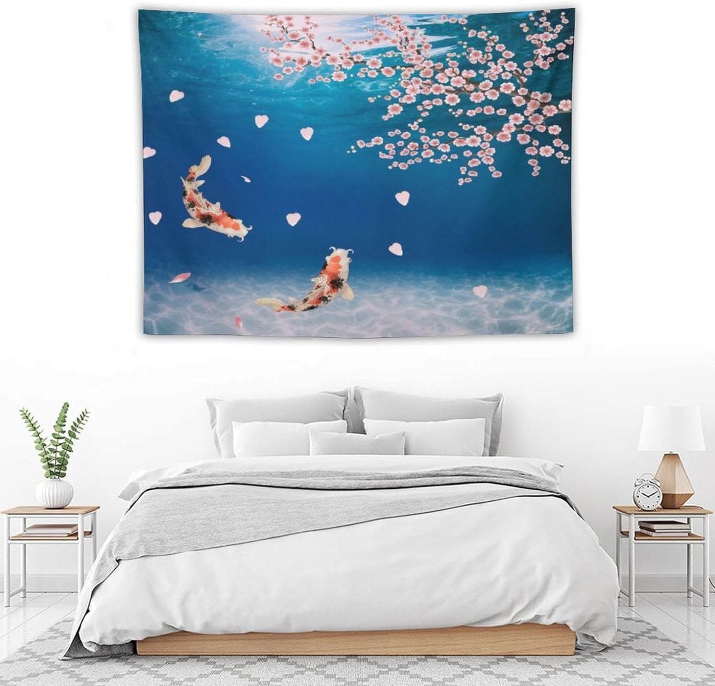 Japanese Koi Fish Tapestry, Cherry Blossoms Asian Oriental Blue Floral Branch Koi Fish Carp Tapestries Wall Hanging for Bedroom Living Room Office Decor 40"x30"