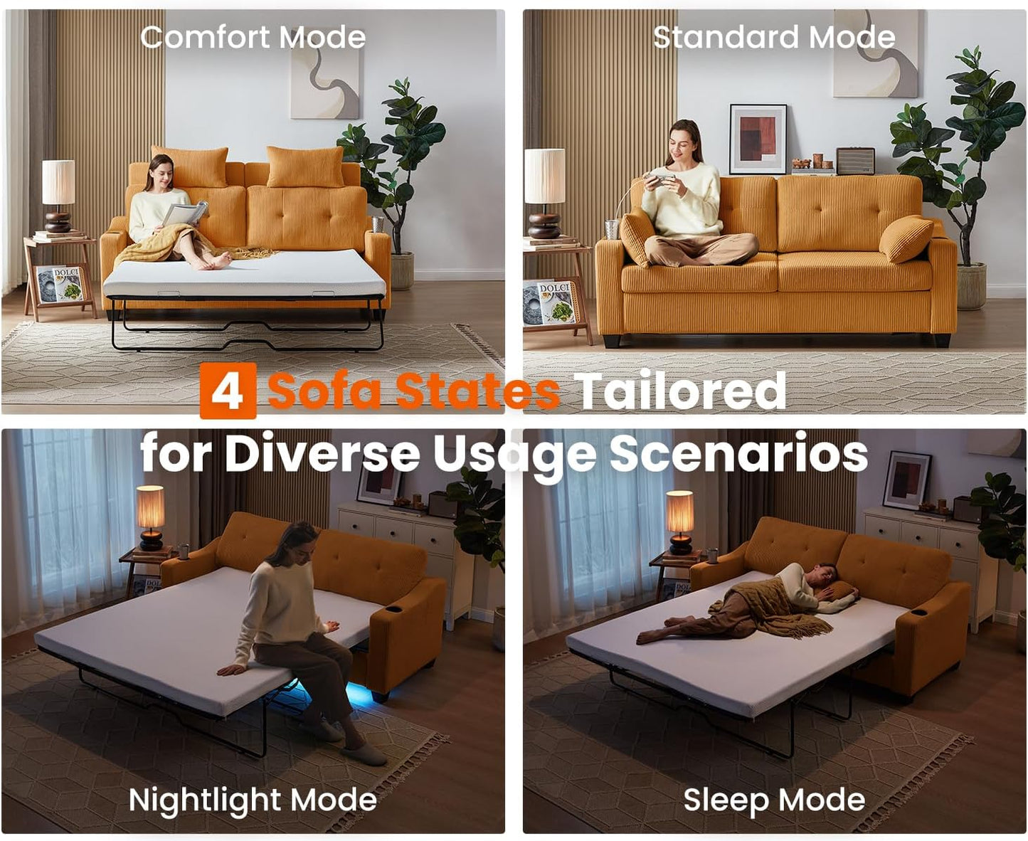 Pull Out Sofa Bed, Full Size Sleeper Sofa, 2-in-1 Convertible Corduroy Couch with USB Charging, Memory Form Couch for Living Room, Apartment and Small Space (Mustard Yellow, Corduroy - Queen Size)