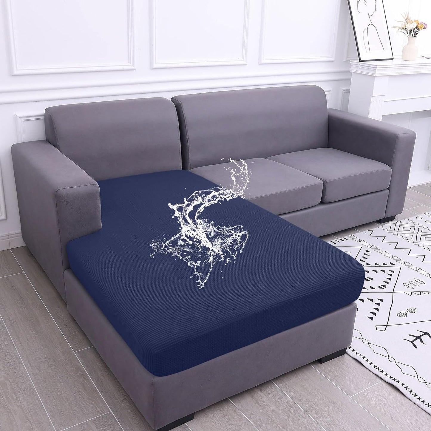 hyha Waterproof Sectional Couch Covers, Non Slip Sofa Couch Cushion Covers L Shape, Thick Stretch Jacquard Fabric, Washable Sofa Slipcovers with Elastic Bottom (1 Piece for Chaise, Navy)