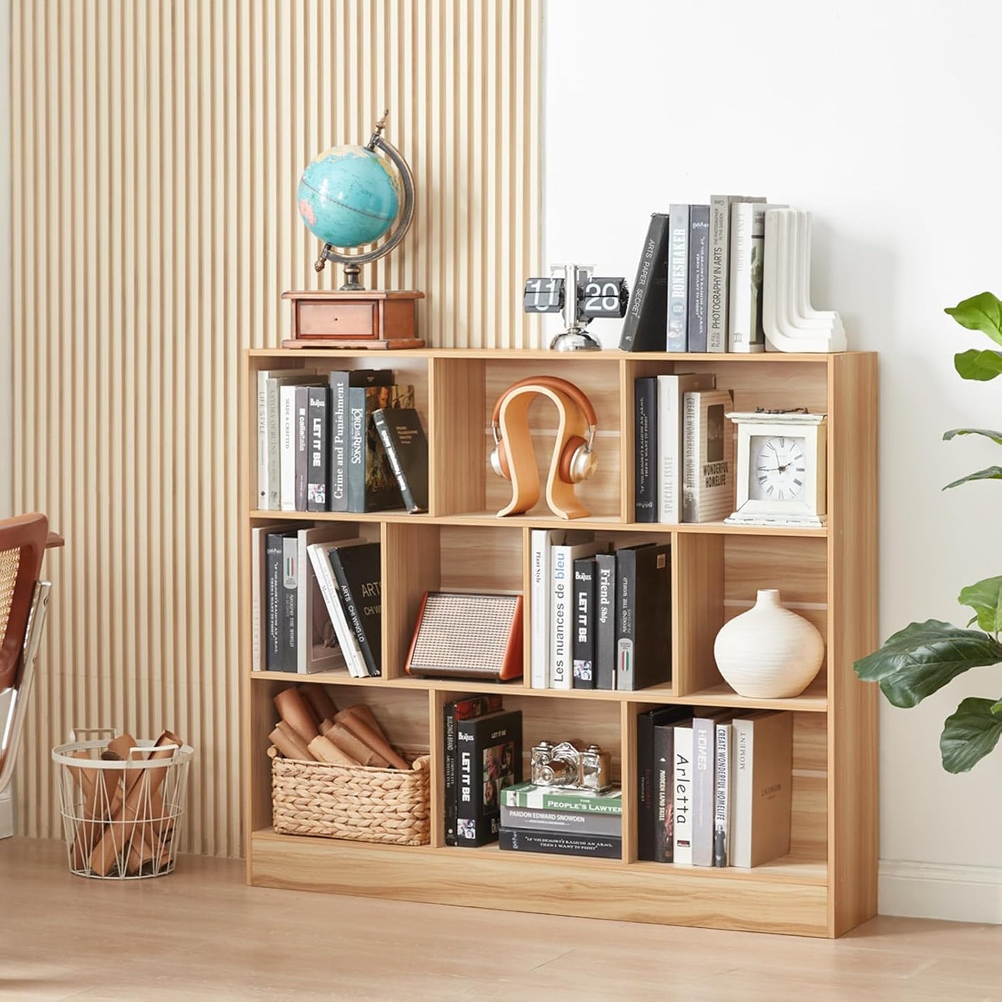 LEYAOYAO 10 Cube Bookshelf with Base,3 Tier Mid-Century Modern Grey Bookcase,Standing Wide Bookshelves Storage Organizer Shelf,Rustic Wood Display Cabinet Book Shelves for Bedroom,Living Room,Office