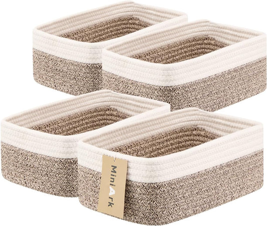 Small Storage Baskets for Organizing | Closet Organizer Bins | Shelf Toy Basket | Woven Rope Baskets | Cube Decorative Box | Shallow Basket | 11.5x7.5x4.7” | 4 Packs White Brown
