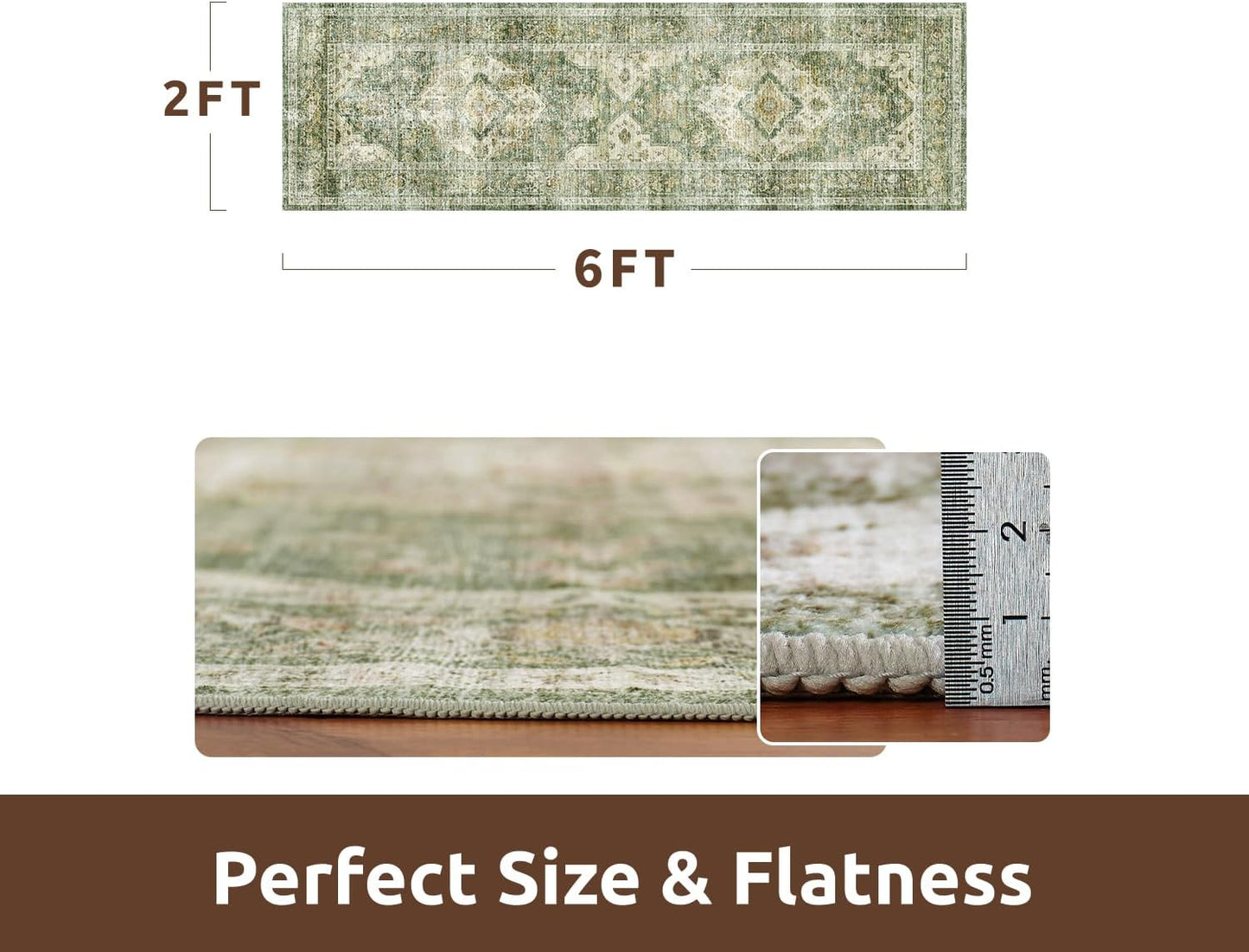AMOAMI-2X6 Runner Rug-Washable Runners for Hallways-Soft Non Slip Bedside Rugs for Bedroom-Vintage Long Rug for Hallways Entryway Laundry Room Stair Kitchen Bathroom Olive Green