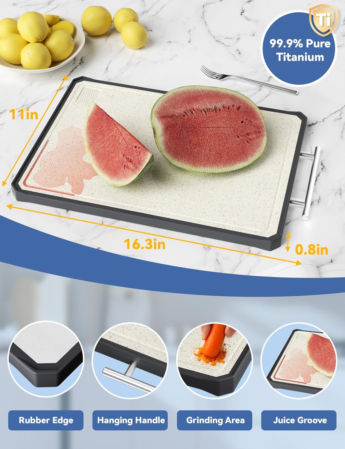 Titanium Cutting Boards for Kitchen, 2 in 1 Titanium Cutting Boards with JUICE GROOVE, Metal Chopping Board for Meat/Vegetables, Pure Titanium&Wheat Straw PP, Food-Grade, Dishwasher Safe16.3”×11”-1 PC