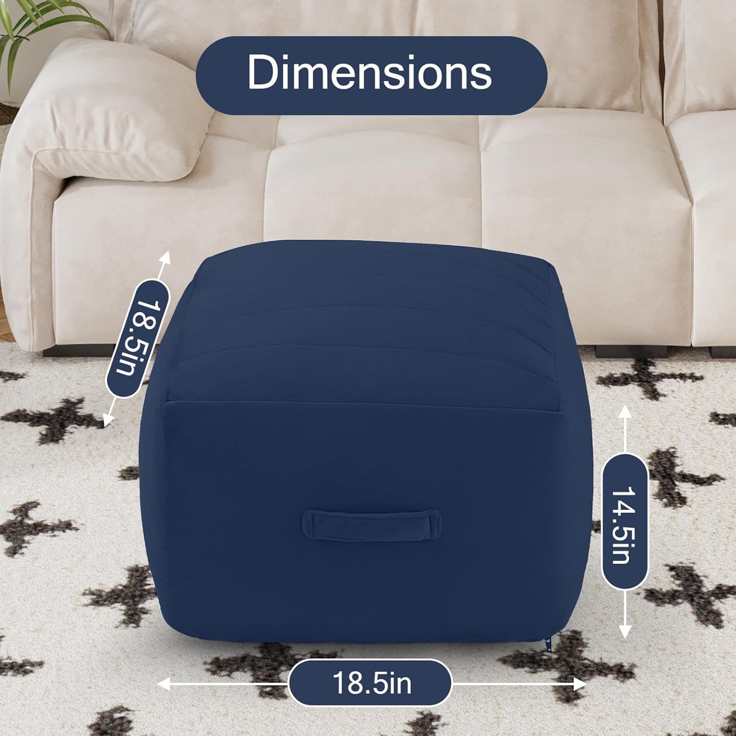MeMoreCool Square Stuffed Pouf Ottoman Foot Rest, Floor Pouf Foot Stool with Foam Chunk Filling, Soft Stuffed Ottoman Footrest for Living Room, Navy