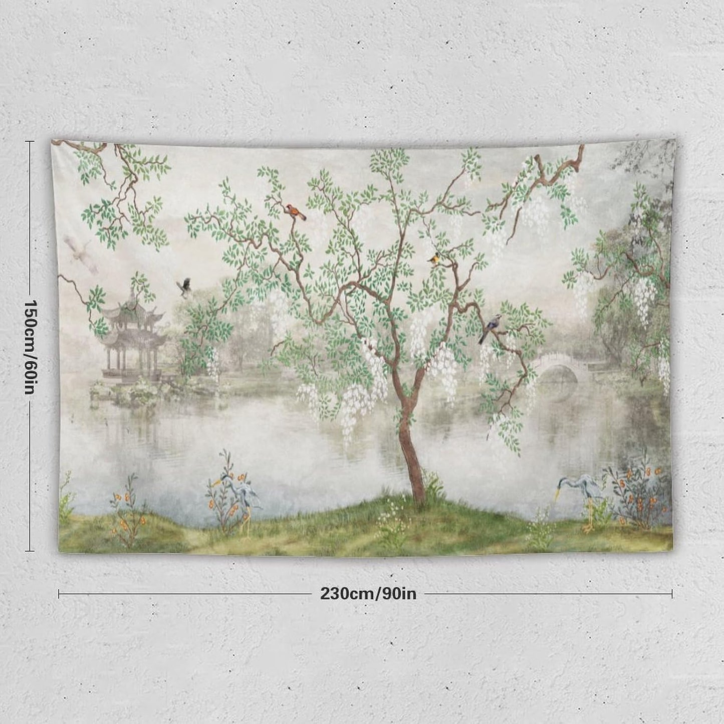 HZOHNAGO Japanese Tapestry Tree Misty Garden Lake Printed Wall Tapestry Ink Painting Wall Hanging for Bedroom Living Room Dorm 90" W x 60" H