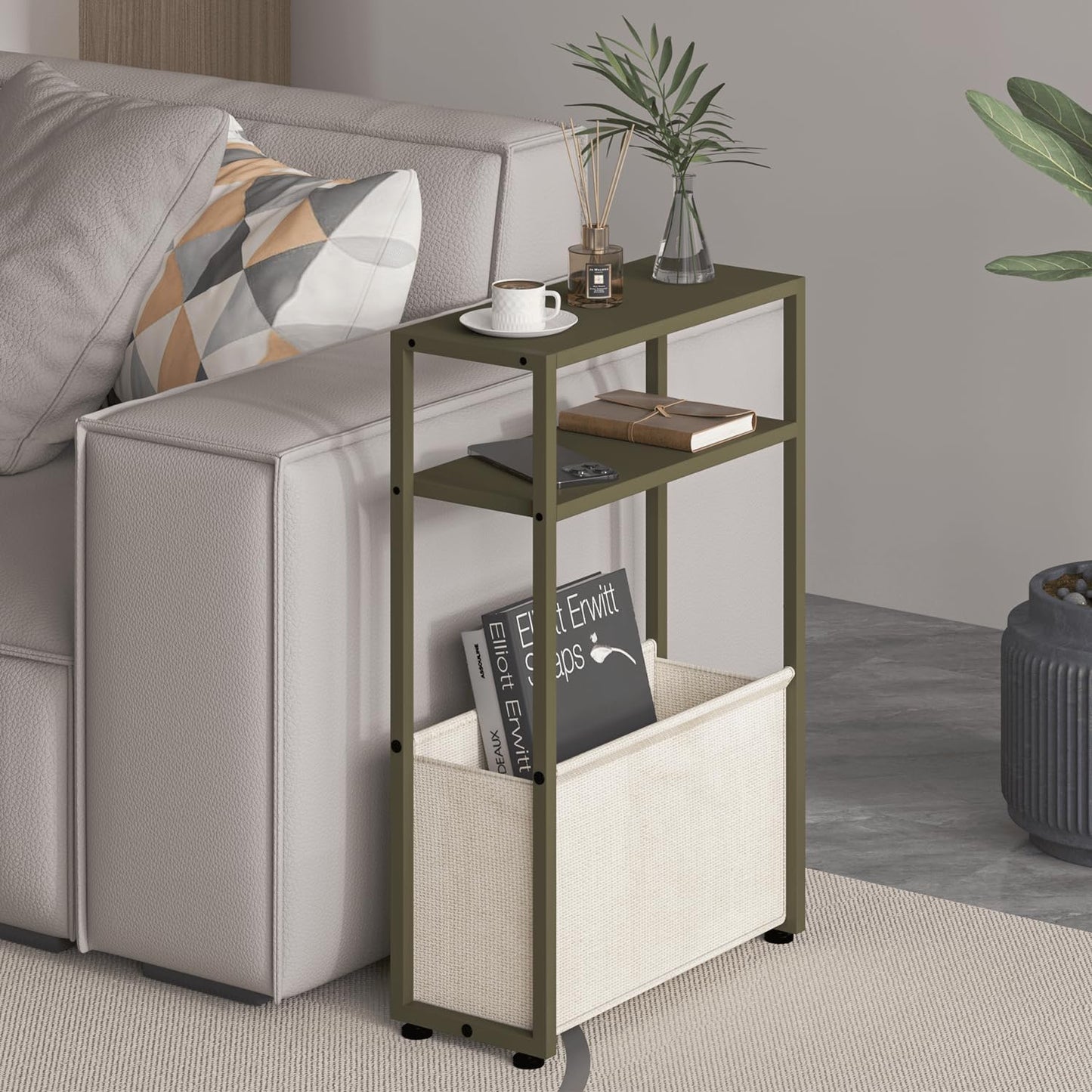 Narrow Side Table, Slim End Tables with Fabric Basket, Skinny Table for Small Spaces, Thin Bedside Table for Living Room, Bedroom (1, Forest Green + Camel Brown)