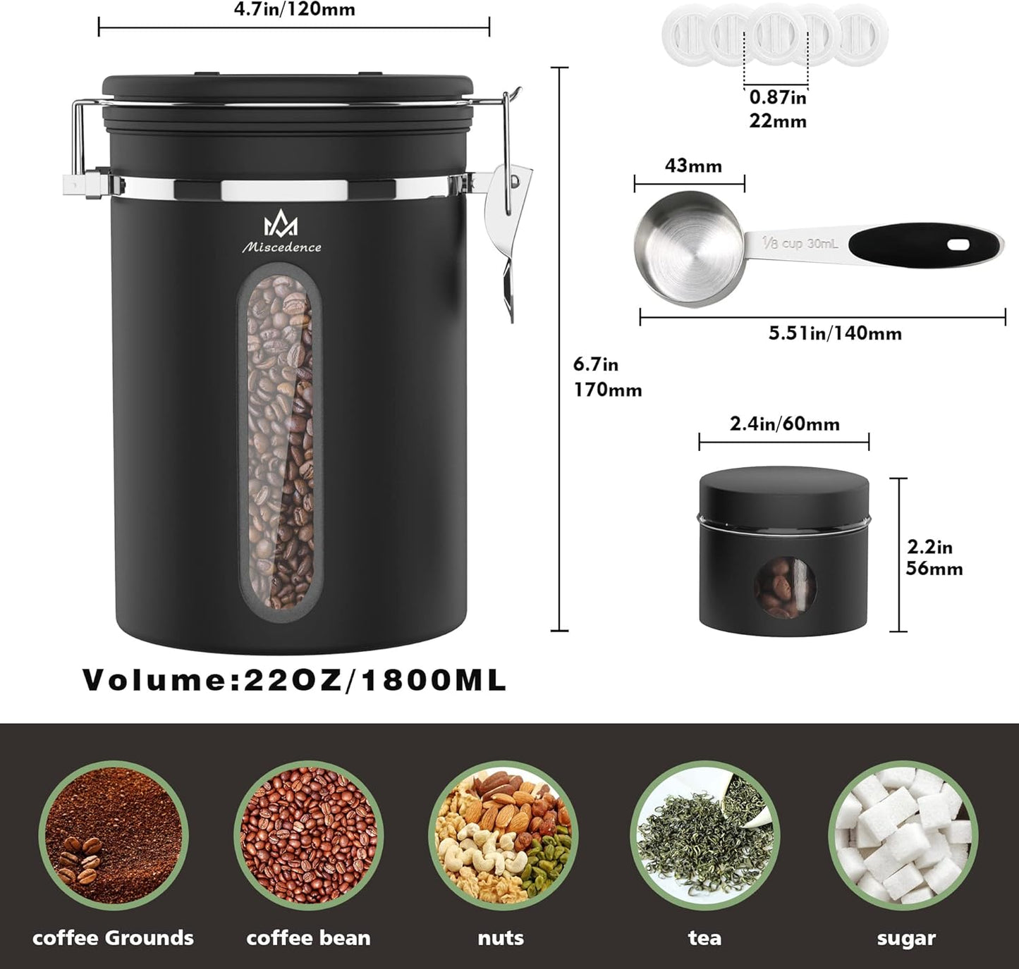 Coffee Canister for ground coffee with Transparent Window,Date Tracker CO2 Valve 304 Stainless Steel Kitchen Food Airtight storage container for Coffee Beans or Grounds, Tea, Sugar(black 22OZ)