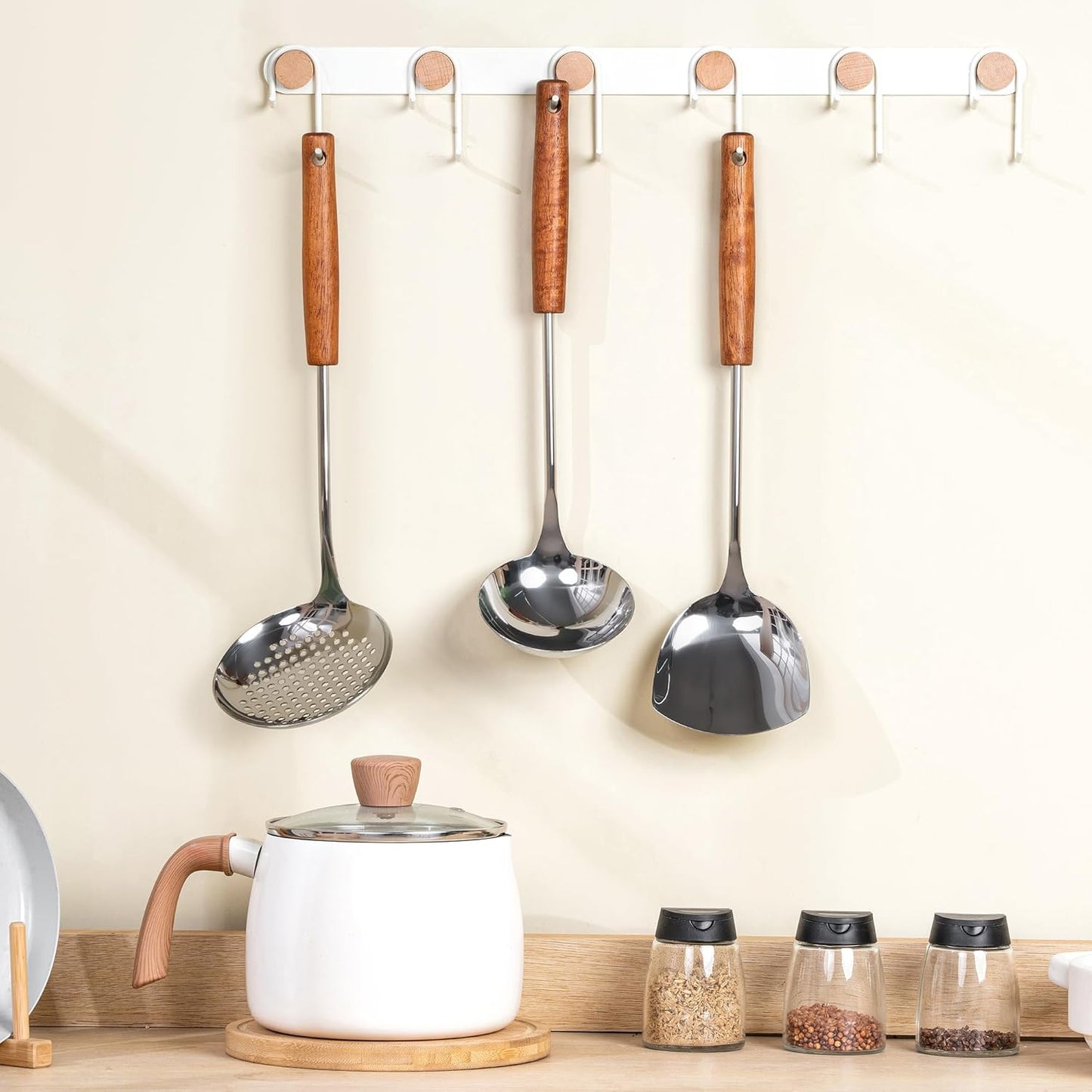 FJNATINH Wok Spatula - Ladle - Skimmer - Stainless Steel Wok Tools,Wok Utensil,Mirror Polished Stainless Steel Cooking Utensils 14.6-15.2" Kitchen Utensils Cookware, Pack of 3