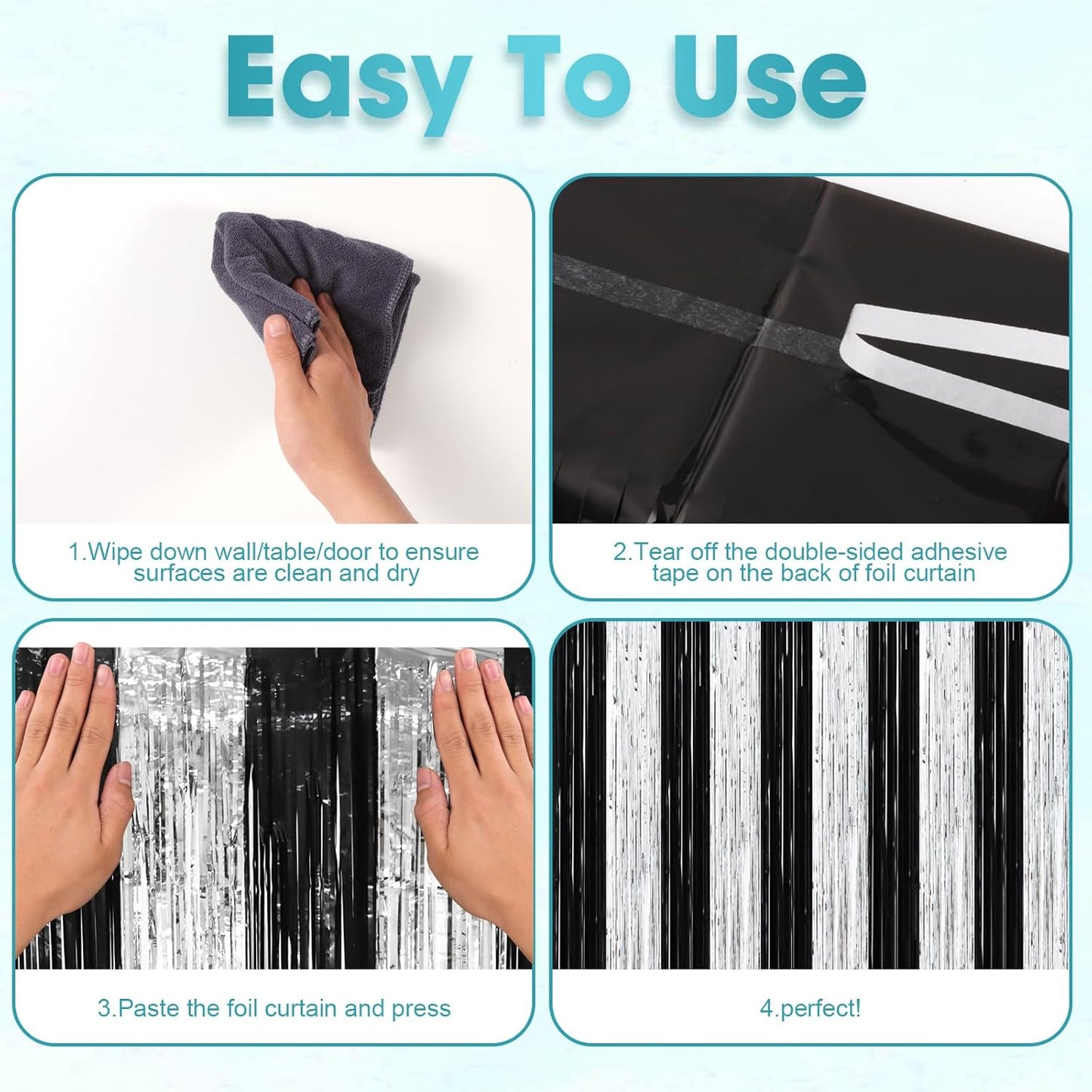 3 Pack 3.3 x 8.2 ft Black and Silver Foil Fringe Backdrop Curtains, Tinsel Streamers Party Decorations, Fringe Backdrop