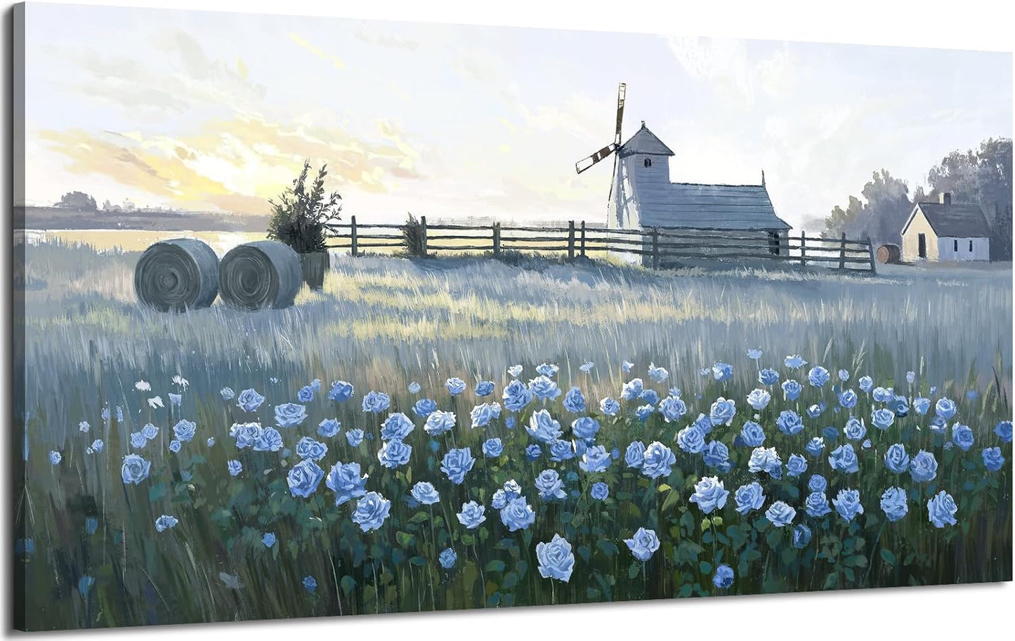 amatop Large Rustic Canvas Wall Art – Farmhouse Blue Rose and Windmill Landscape Picture, Nature Country Floral Sunset Wall Decor for Living Room Bedroom, Countryside Botanical Artwork Print 48x24 Inch