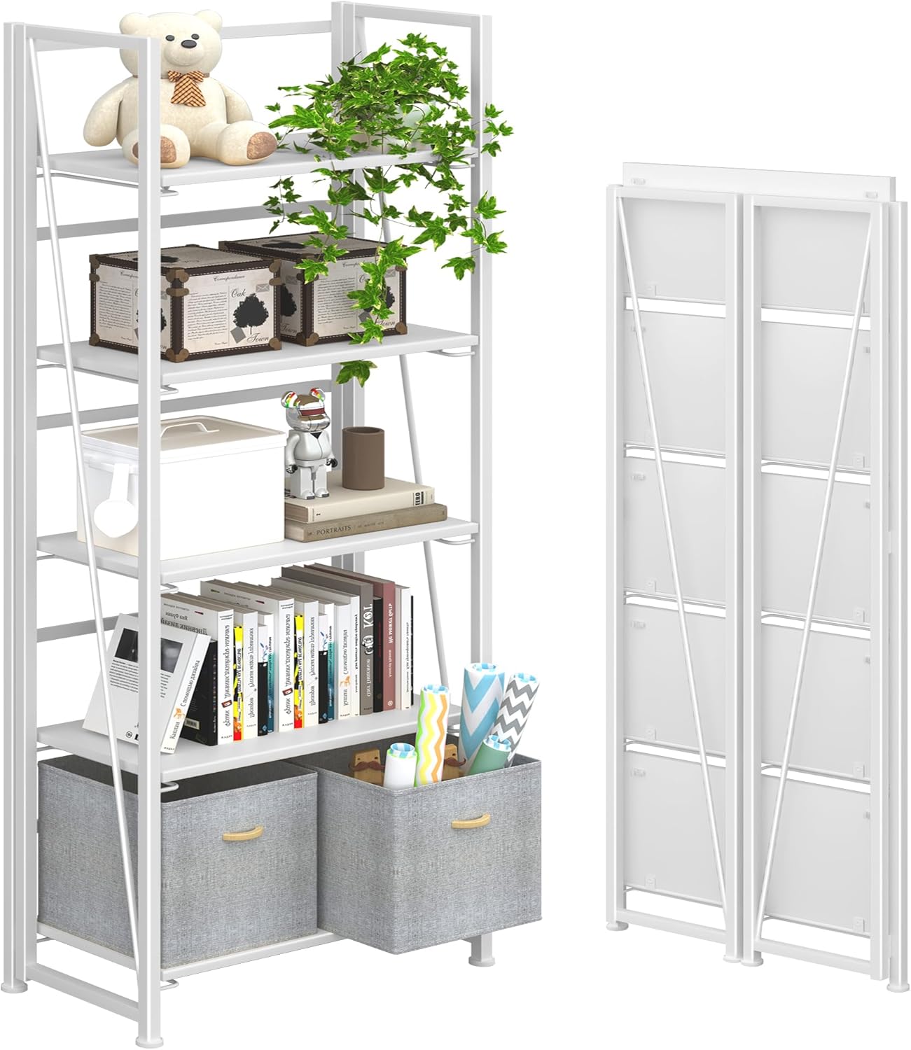 4NM No Assembly Foldable Bookshelf, 5-Shelf Collapsible Bookcase Storage for Small Spaces, 62.2" H, All White