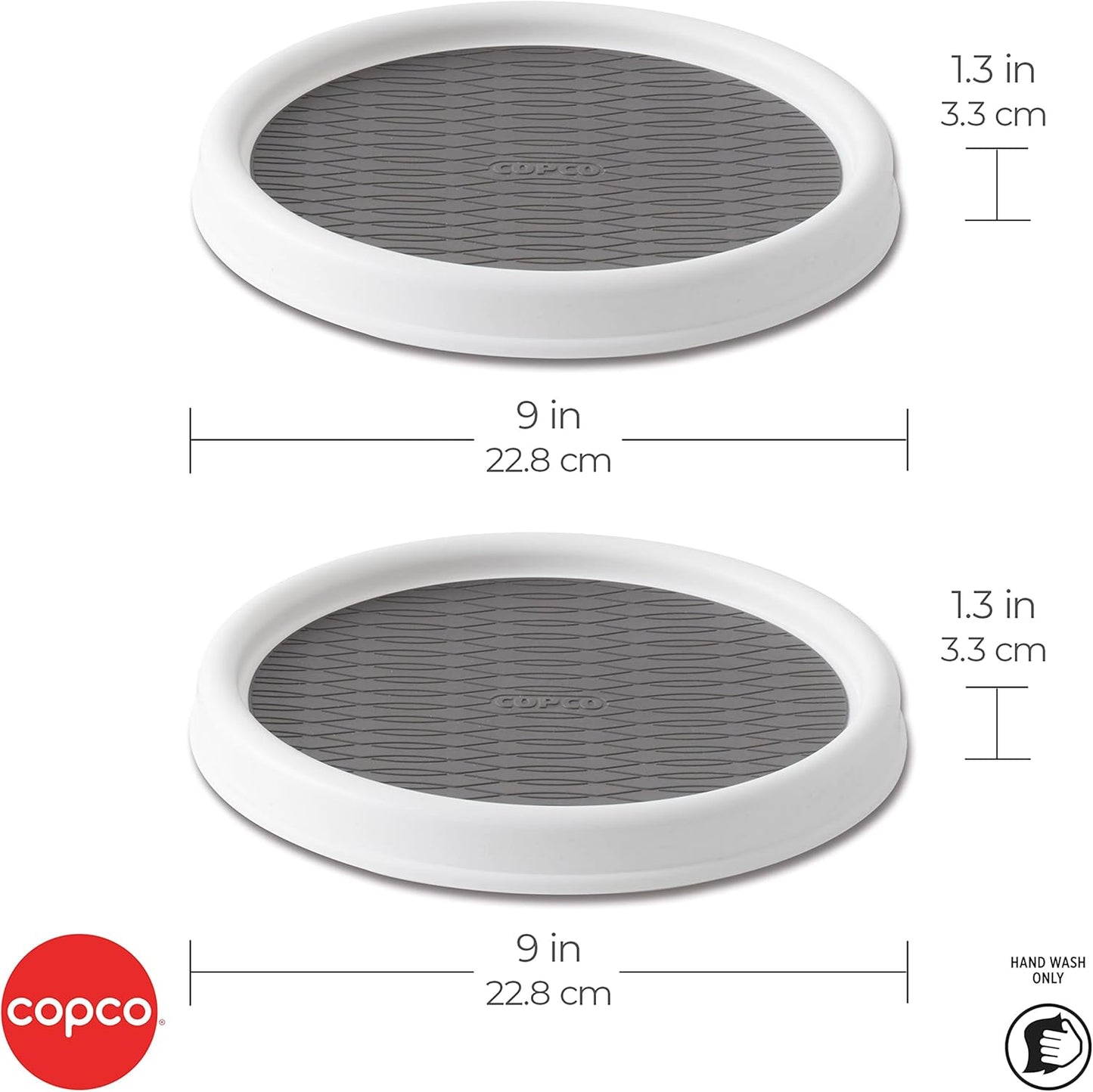 Copco 9 Inch Non Skid Pantry Cabinet Lazy Susan Turntable, Set of 2, Spinning Organizer for Kitchen, Countertop, or Bathroom, White and Gray