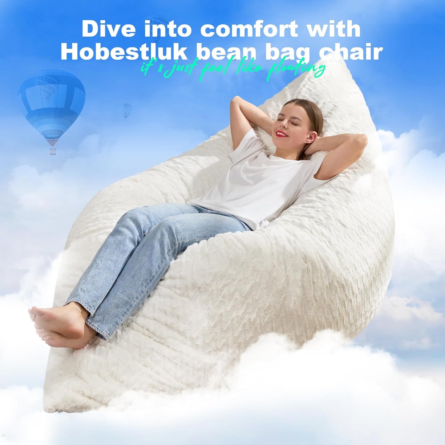 Hobestluk 3 in 1 Bean Bag Chair Giant Bean Bag Chairs for Adults with Chevron Plush Fur Cover Convertible Bean Bag Floor Cushion with Machine Washable Cover for Living Room (Chevron Plush White)
