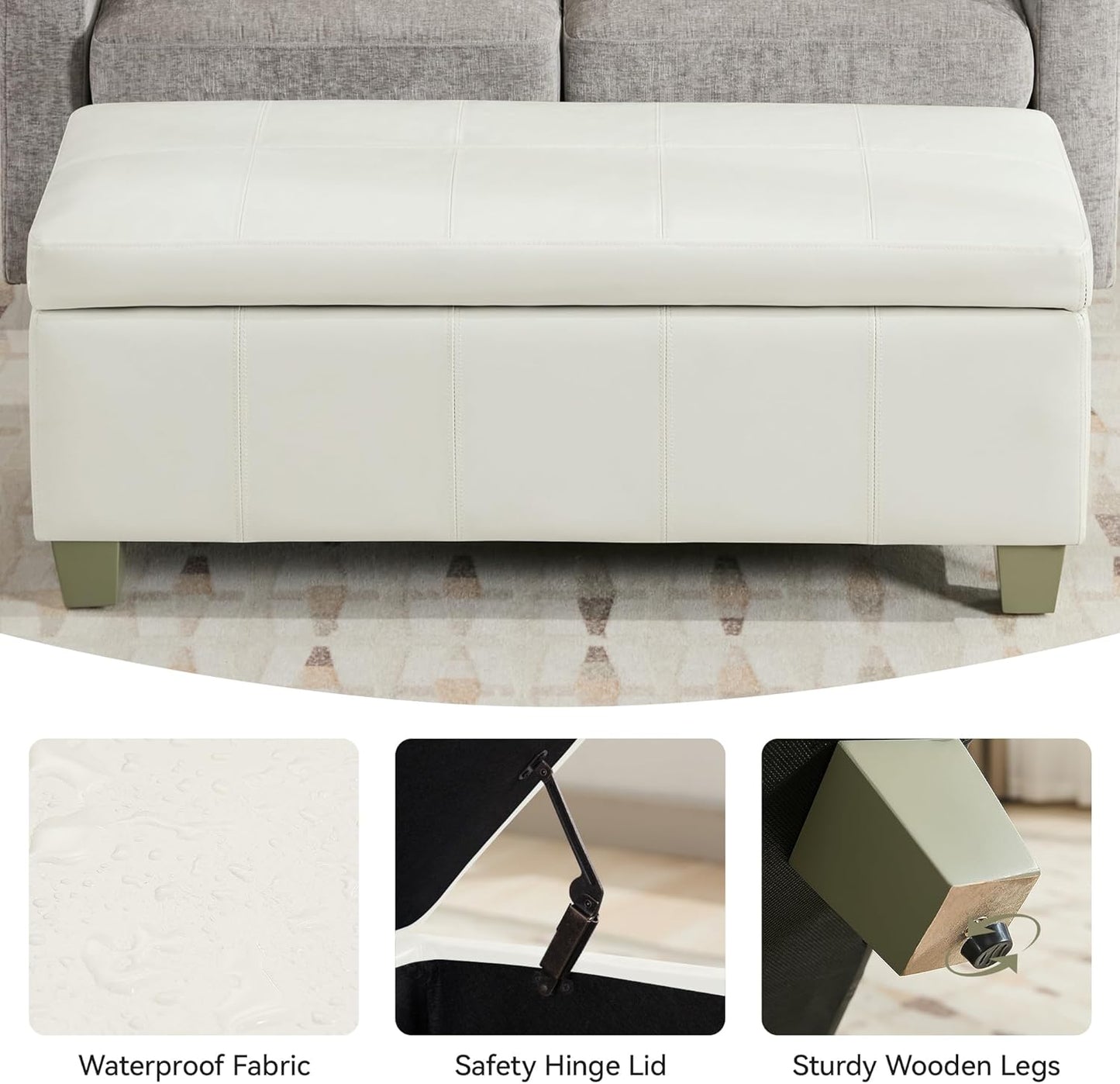 51" Faux Leather Storage Ottoman, Stitch Tufted Rectangle Upholstered End of Bed Storage Bench, Entryway Large Couch Ottoman with Wooden Legs,White