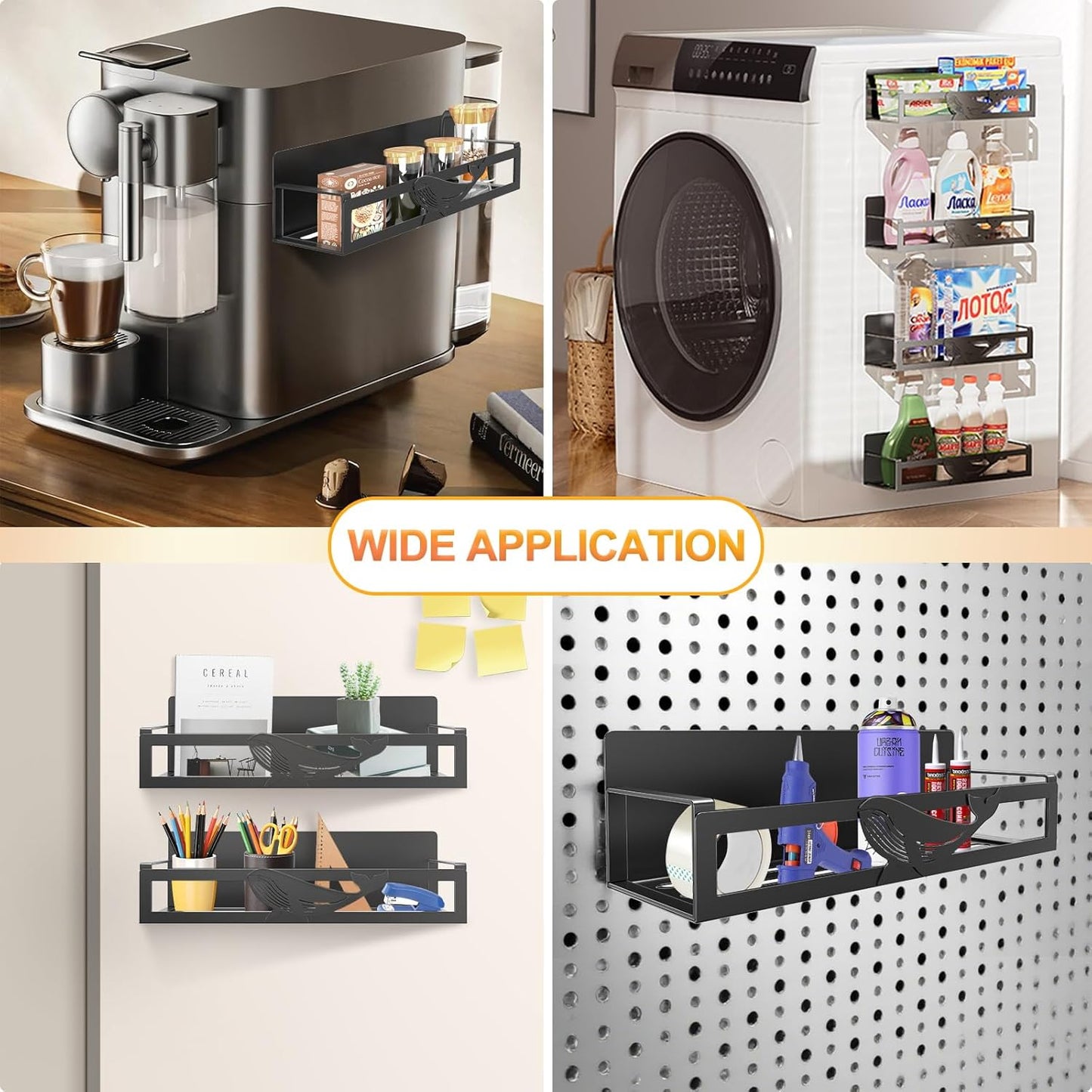 Magnetic Spice Rack for Refrigerator, 4-Pack Metal Seasoning Organizer for Kitchen Storage Organization, Magnetic Shelf for Fridge Space Saving Spice Organizer, Black