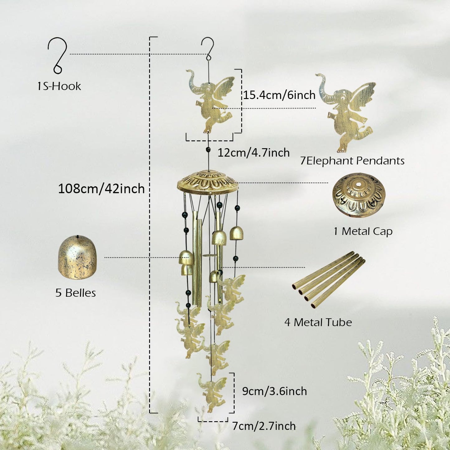 Elephants Wind Chimes for Outside,42" Metal Wind Chinme Indoor/Ourdoor Garden Yard Decoration Patio Home Porch Decor,Unique Windchimes Memorial/House Warming/Birthday Gifts,Elephant Gifts for Women