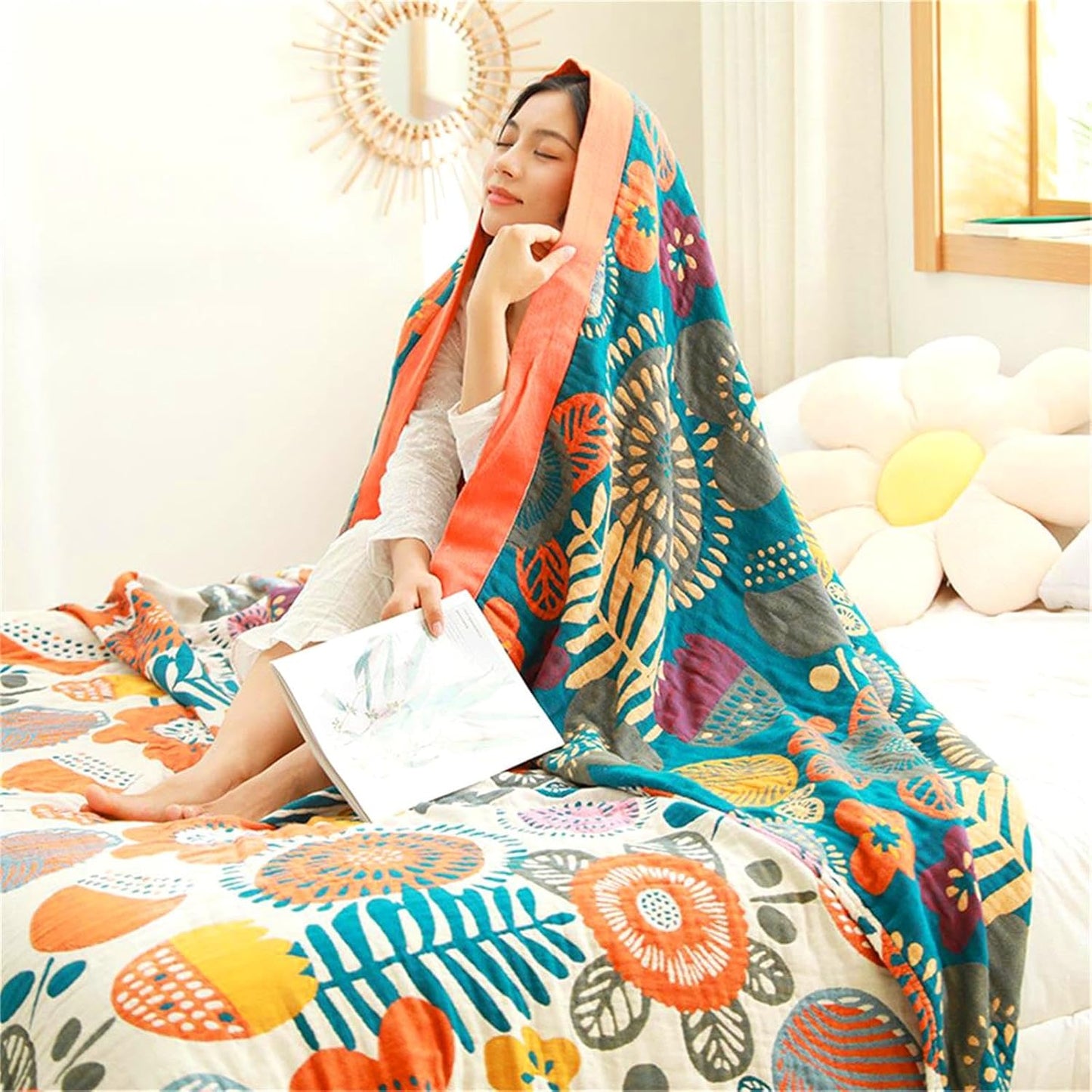 Cotton Throw Blanket for Couch Bed 100% Cotton Quilt 90''x 98'', Boho Floral Blanket Cozy Soft Muslin Farmhouse Bed Blanket Decorative Christmas Blankets Gifts for Women Mom