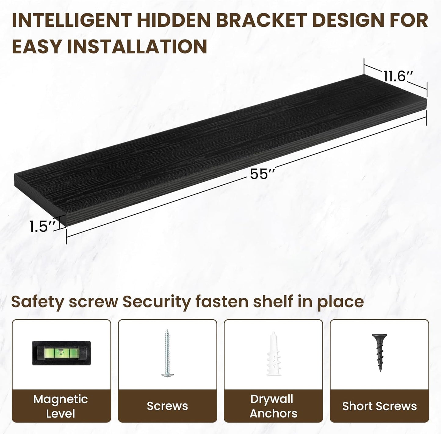 55 Inch Floating Shelves, 11.6 Inch Deep Floating Shelves for Wall, Floating Shelf with Invisible Brackets, Deep Shelves for Bathroom, Bedroom, Living Room, 1 Pack, Black