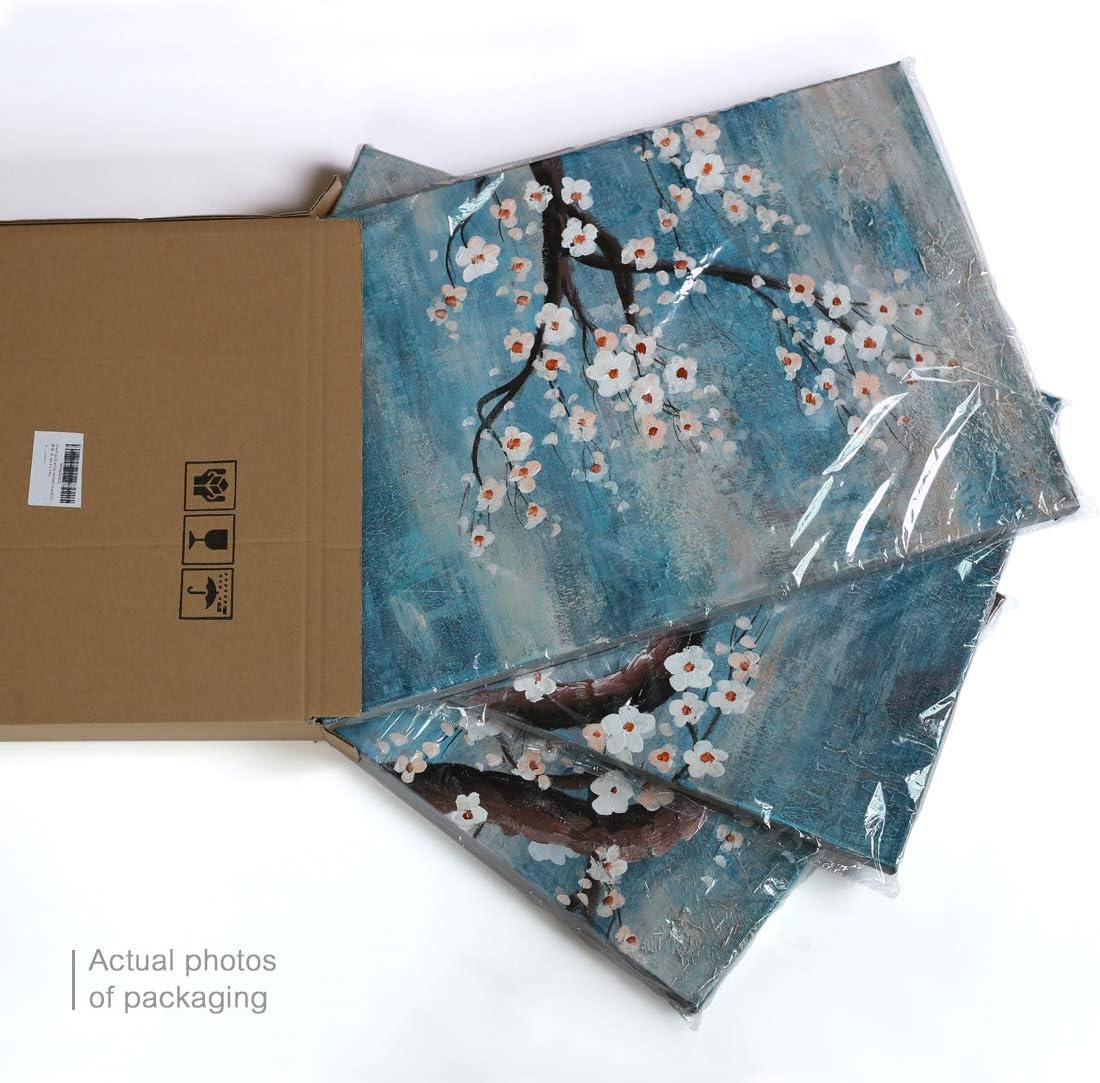 amatop Extra Large Wall Art for Living Room 100% Hand-Painted Framed Decorative Plum Floral Oil Painting Set Decorative Modern Blue Tree Artwork Ready to Hang